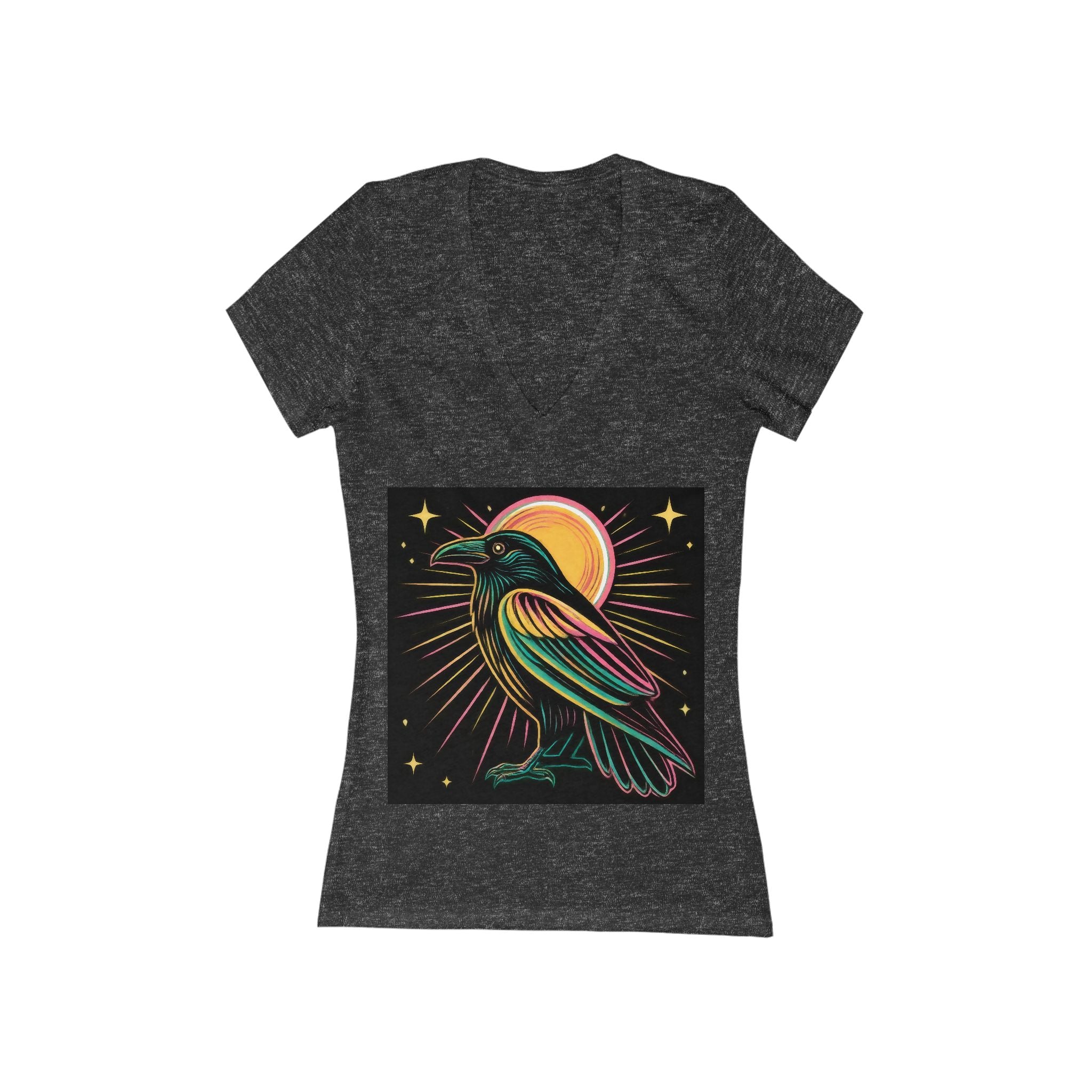 Neon Crow Illustration Tee | Moon Raven Graphic V-Neck Shirt
