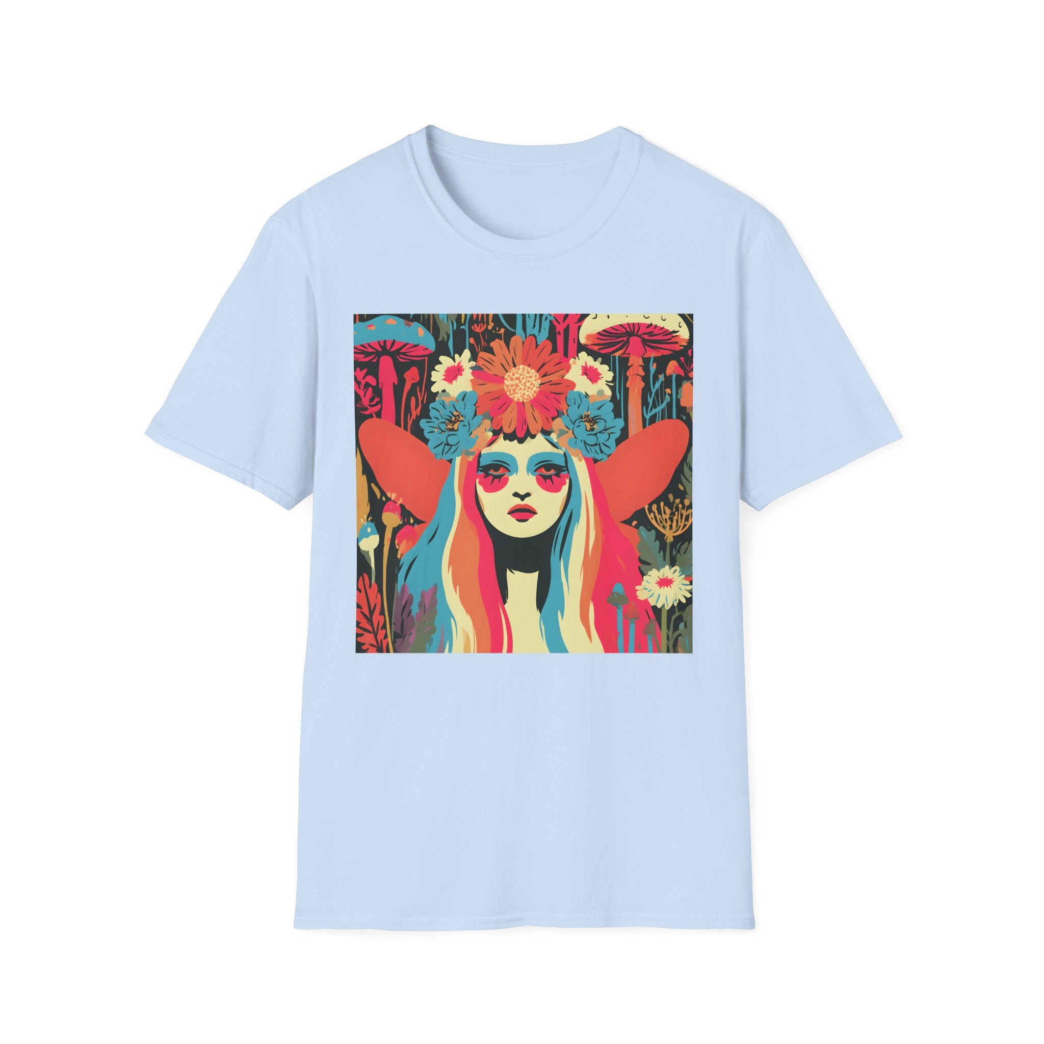 Flower Crown Psychedelic Fairy Girl T-Shirt | Retro Mushroom Art, Boho Portrait