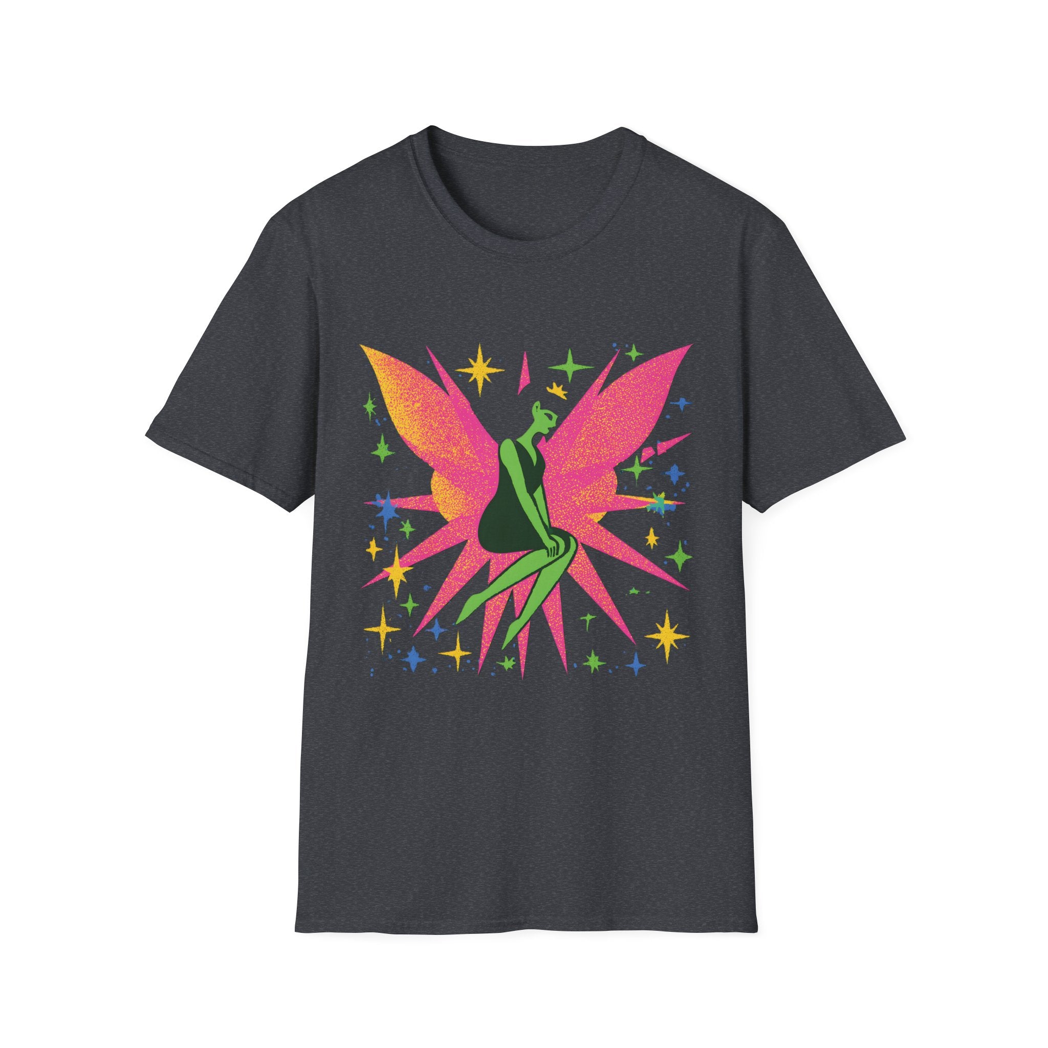Neon Fairy Silhouette T-Shirt | Pink Wings, Green Figure, Sparkle Stars