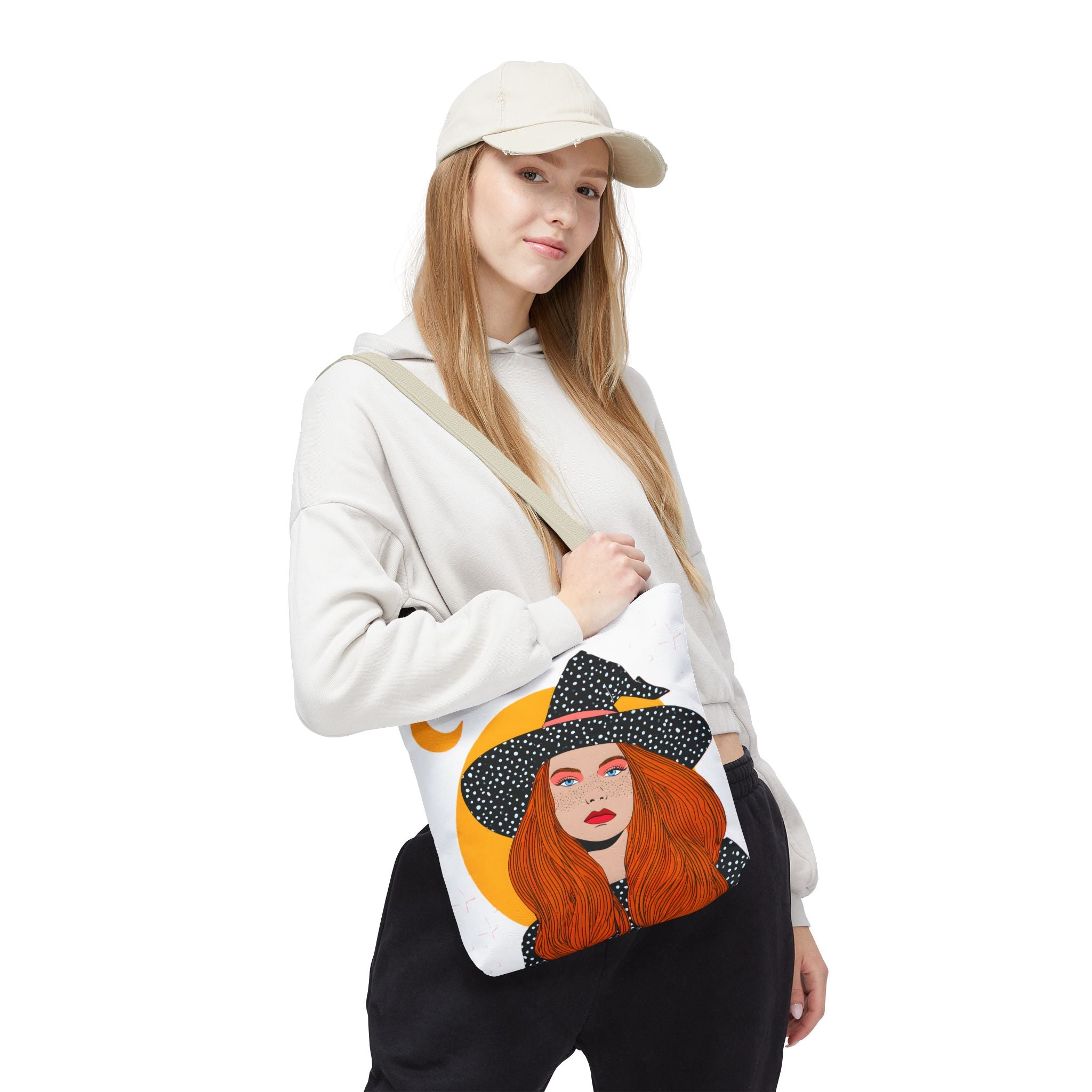 Redheaded Witch Illustration Tote Bag | Crescent Moon, Polka Dot Hat