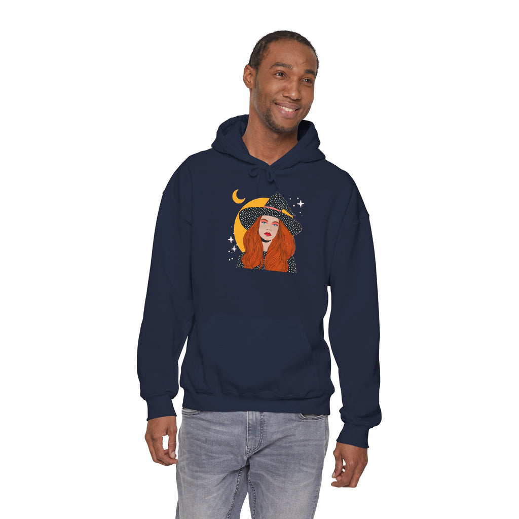 Witchy Redhead Hoodie — Crescent Moon Witch Graphic Sweatshirt