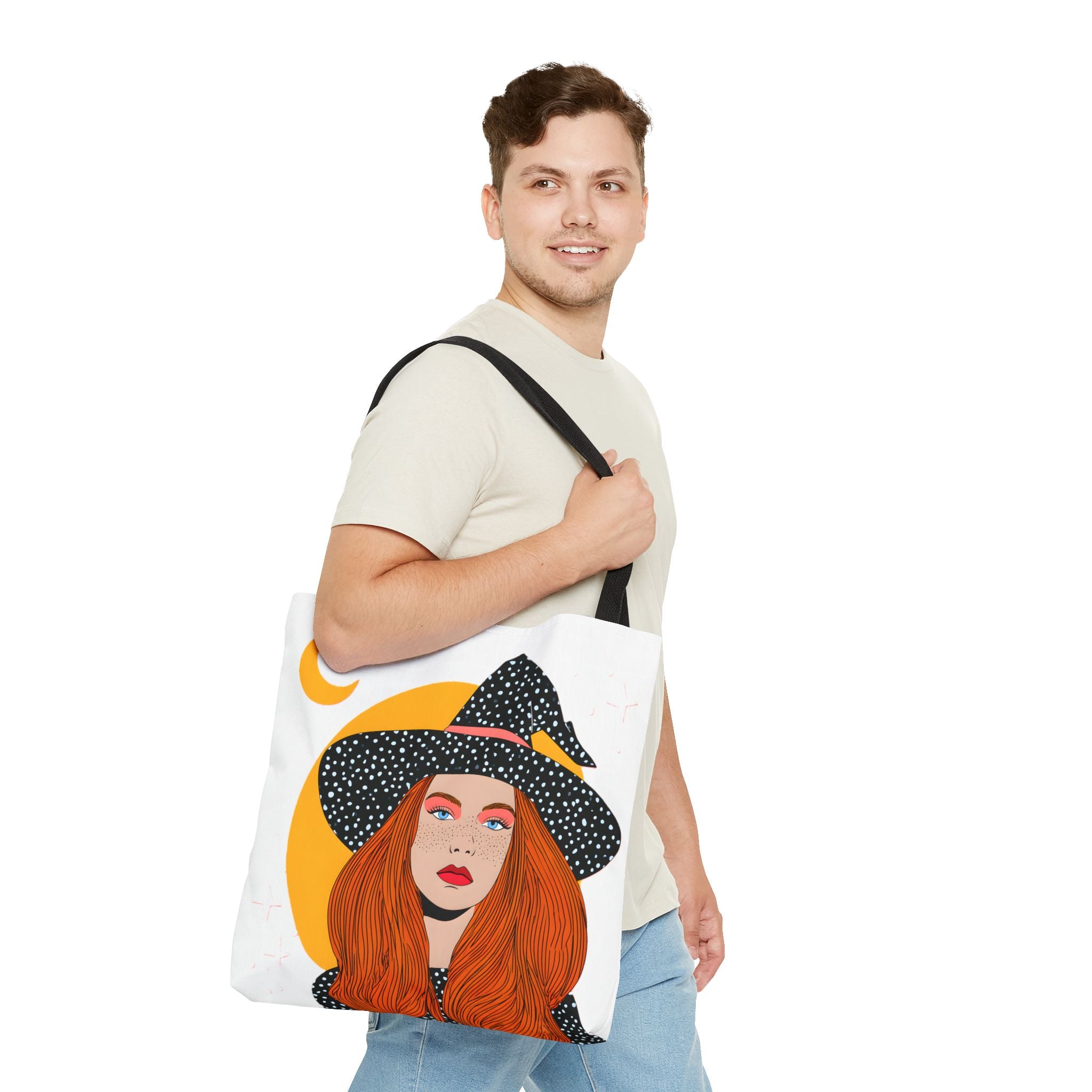 Redheaded Witch Illustration Tote Bag | Crescent Moon, Polka Dot Hat