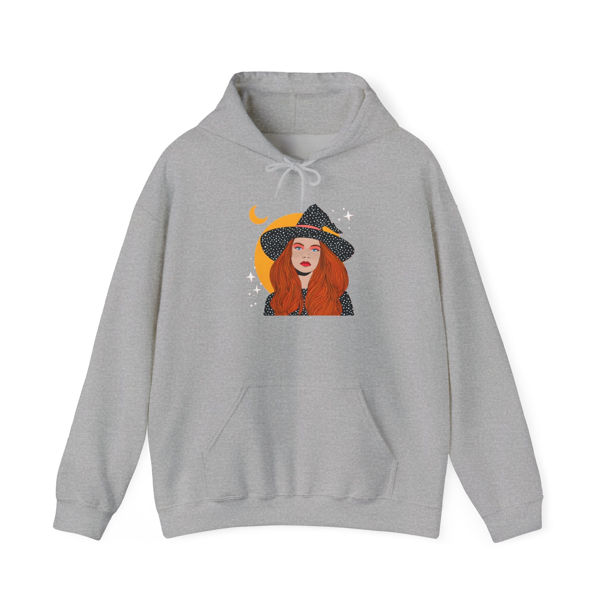 Witchy Redhead Hoodie — Crescent Moon Witch Graphic Sweatshirt