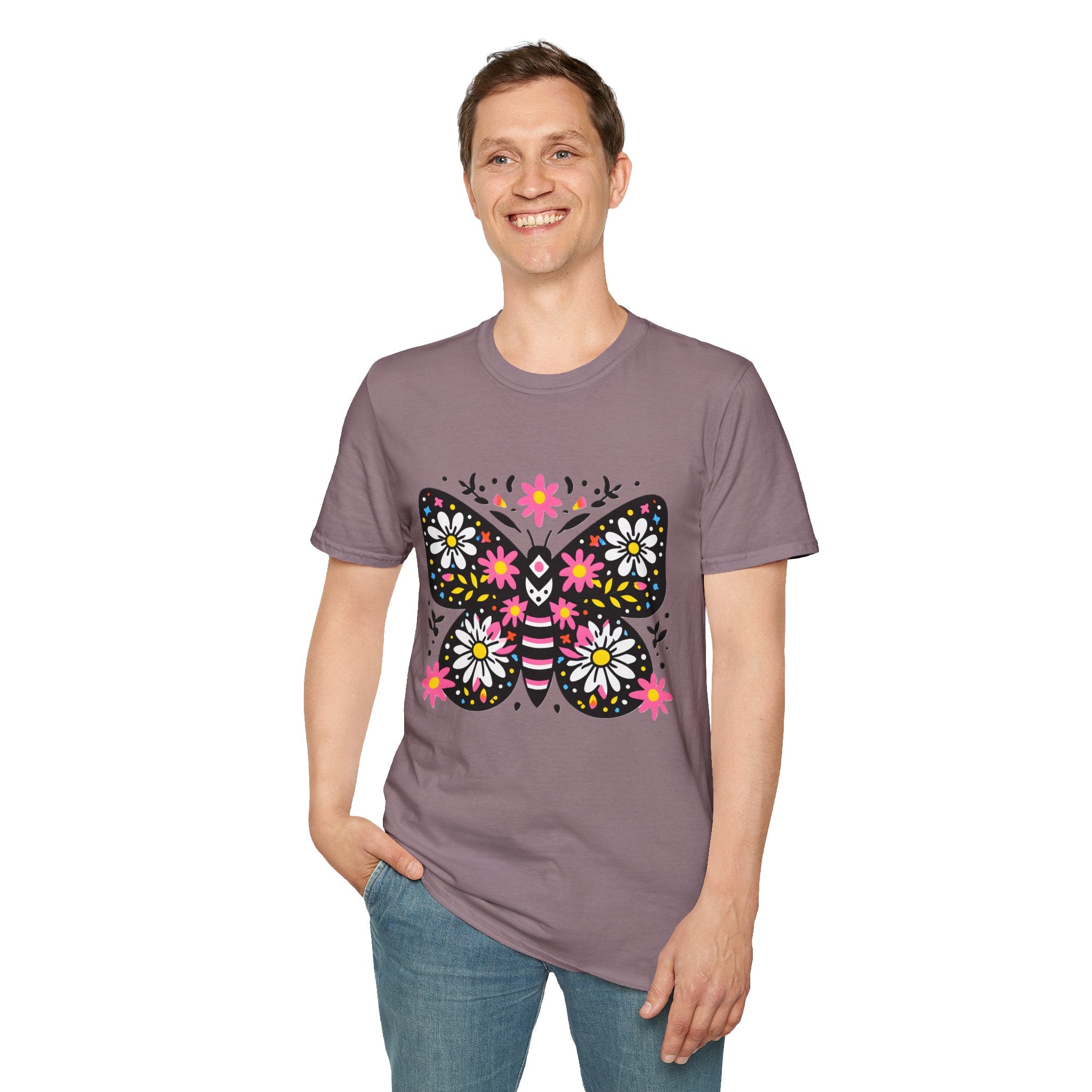 Floral Folk Art Butterfly T-Shirt | Daisy & Pink Flower Design