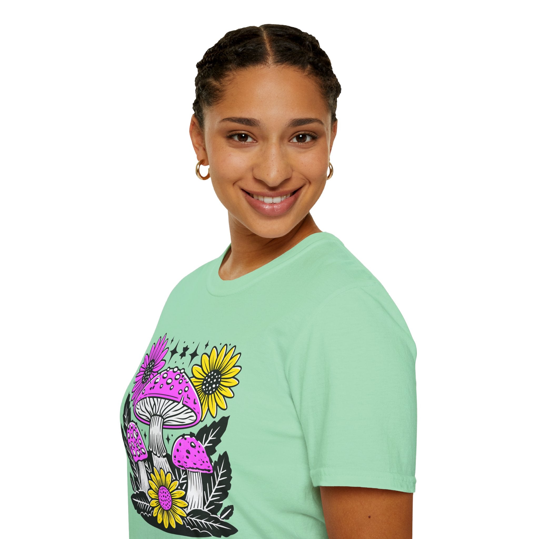 Pink Psychedelic Mushroom T-Shirt | Sunflower Graphic, Retro Mushroom Art