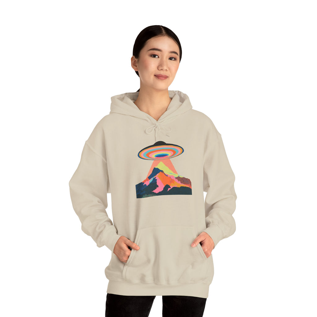 UFO Mountain Hoodie — Retro Rainbow Alien Abduction Graphic