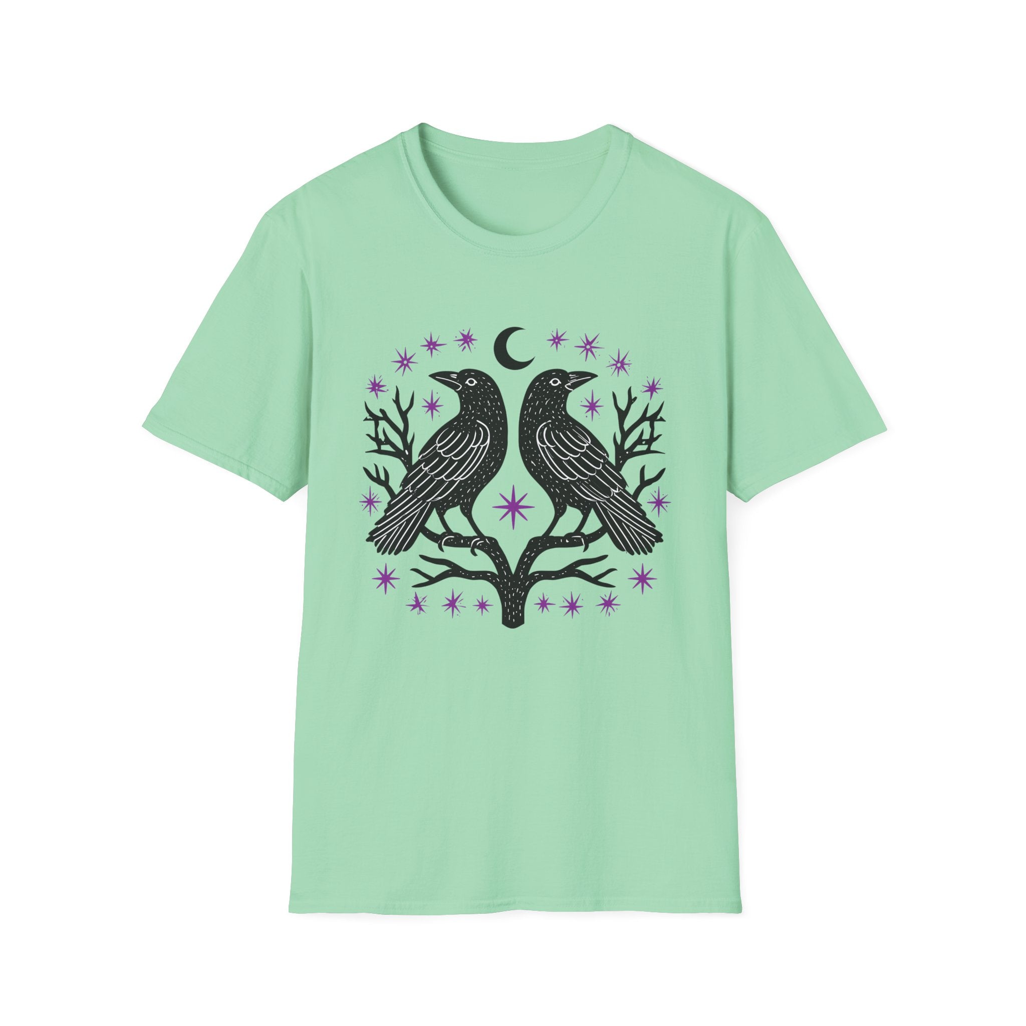 Twin Ravens Moon T-Shirt | Gothic Crescent Crow Illustration