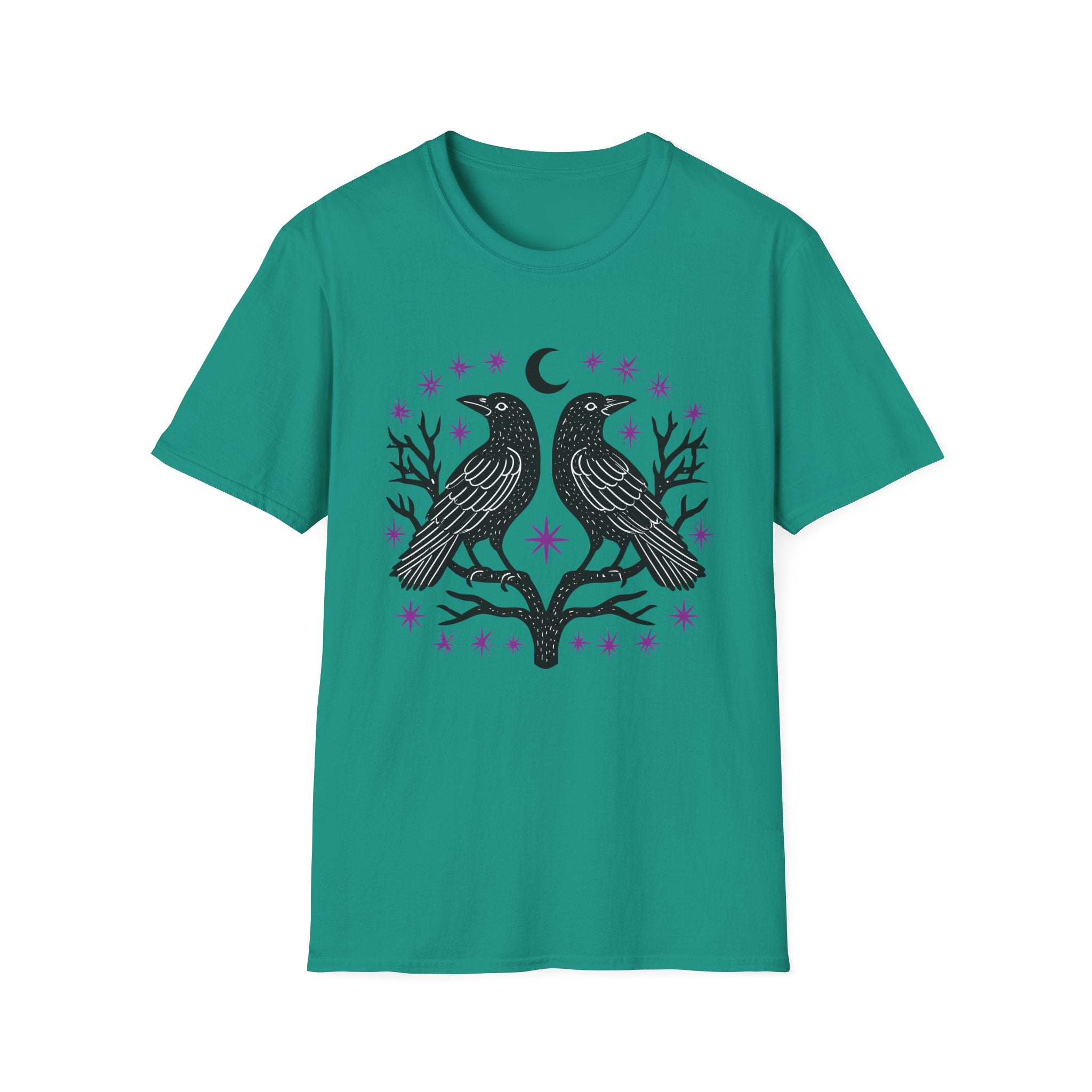 Twin Ravens Moon T-Shirt | Gothic Crescent Crow Illustration