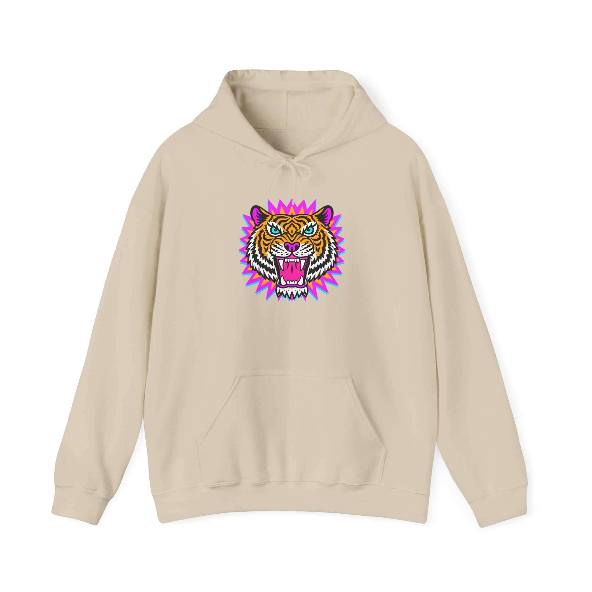 Neon Roaring Tiger Hoodie — Retro Vibrant Tiger Head Graphic