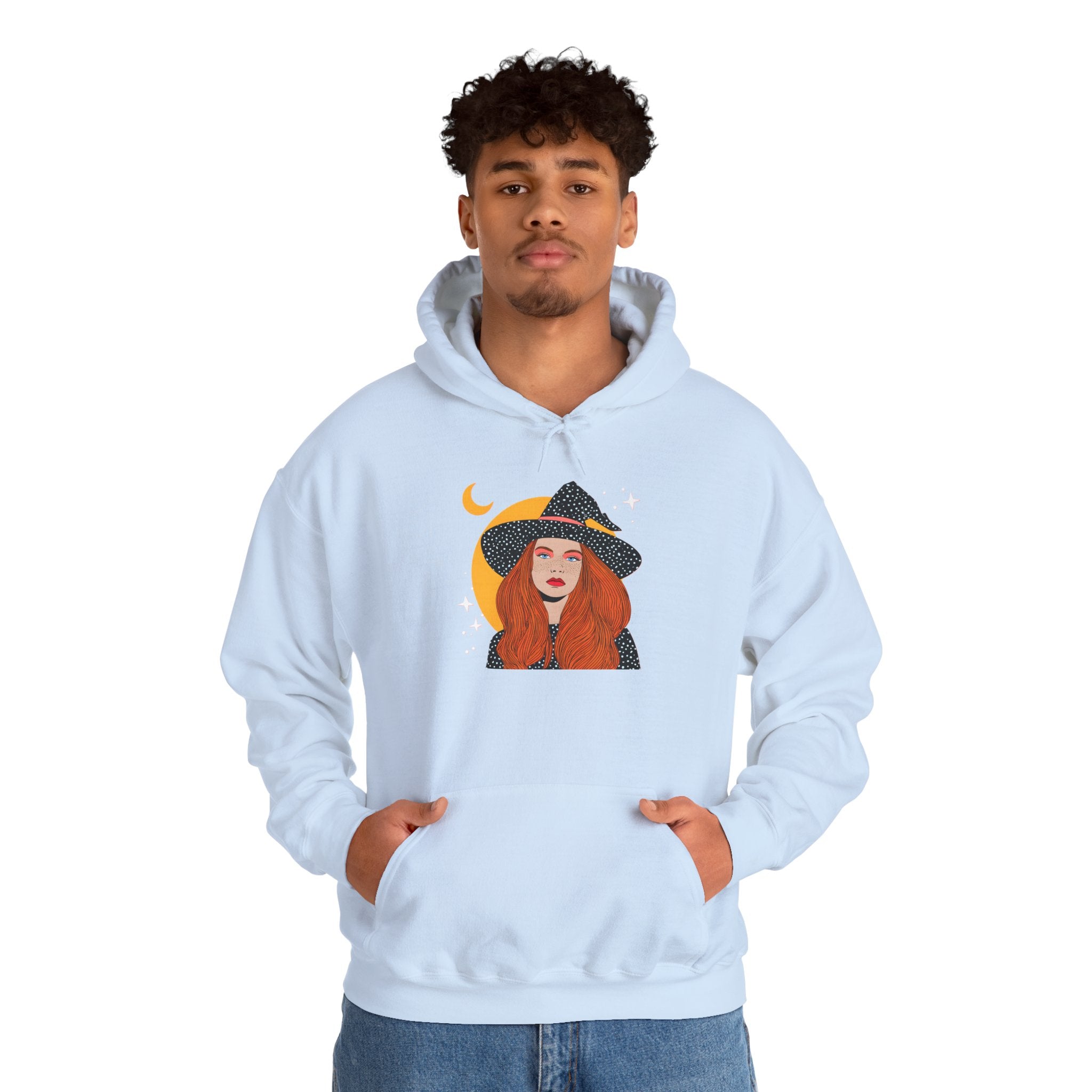 Witchy Redhead Hoodie — Crescent Moon Witch Graphic Sweatshirt
