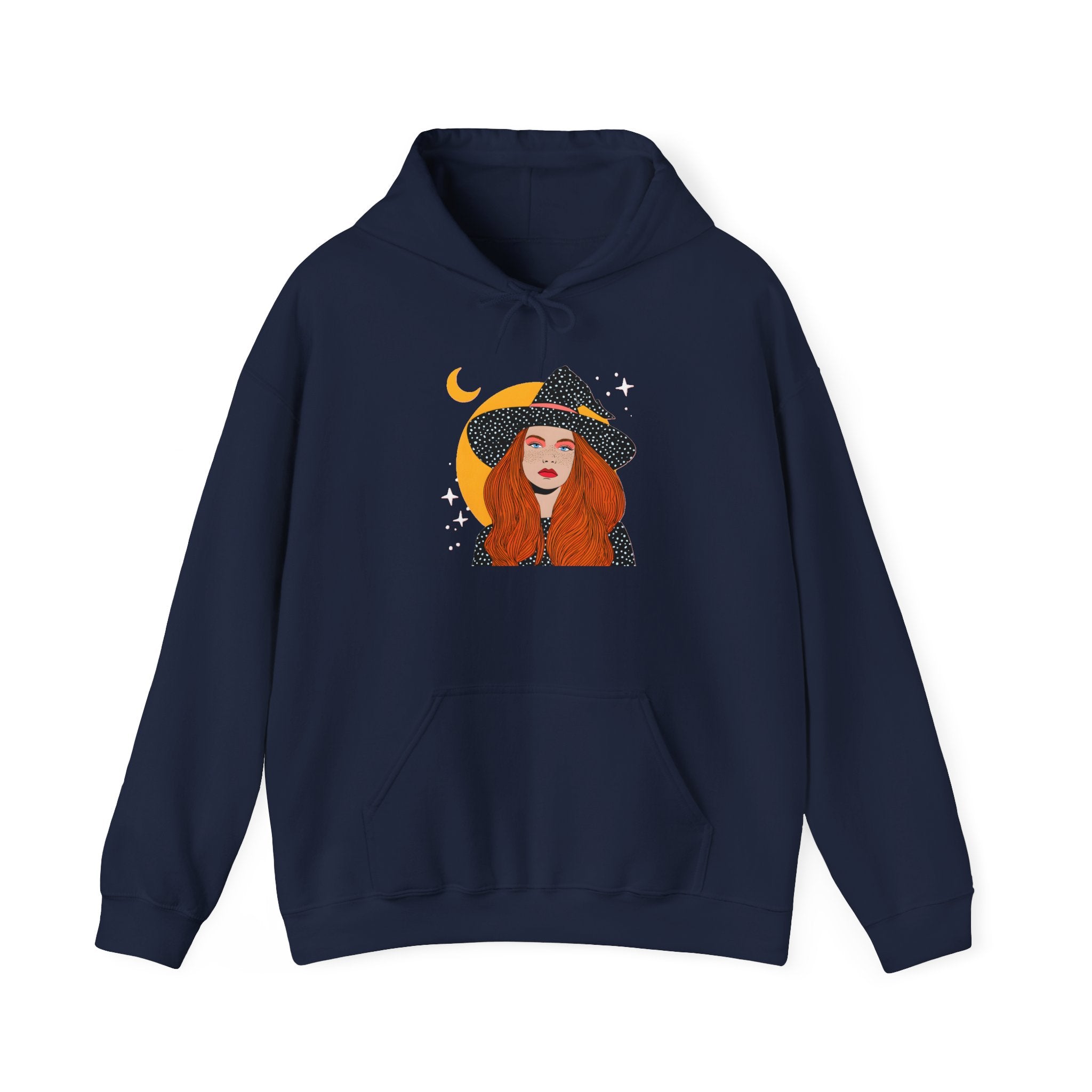 Witchy Redhead Hoodie — Crescent Moon Witch Graphic Sweatshirt