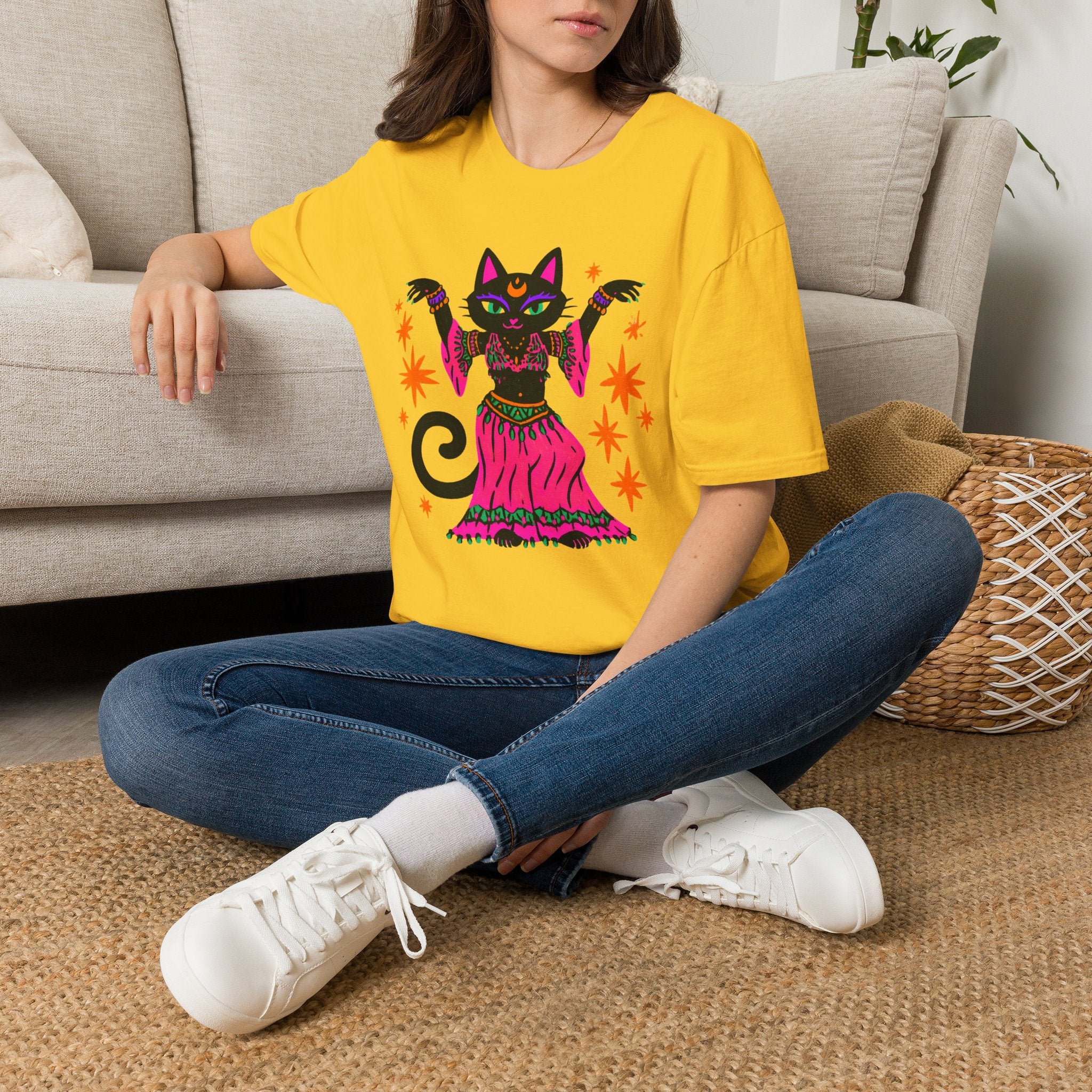 Gypsy Black Cat Mystic Belly Dance T-Shirt | Magical Cat Illustration