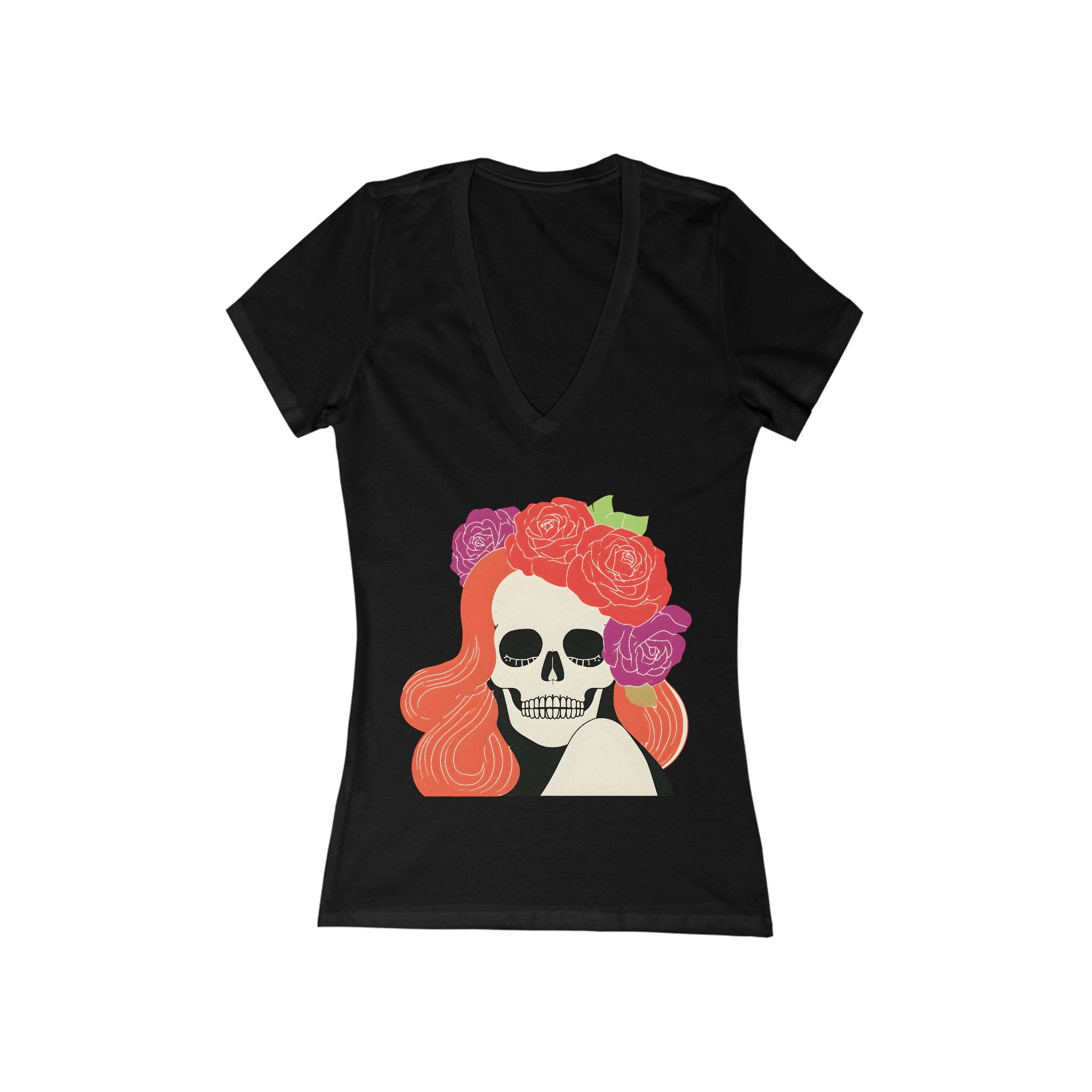 Floral Skull Woman V-Neck Tee | Day of the Dead Rose Skull T-Shirt