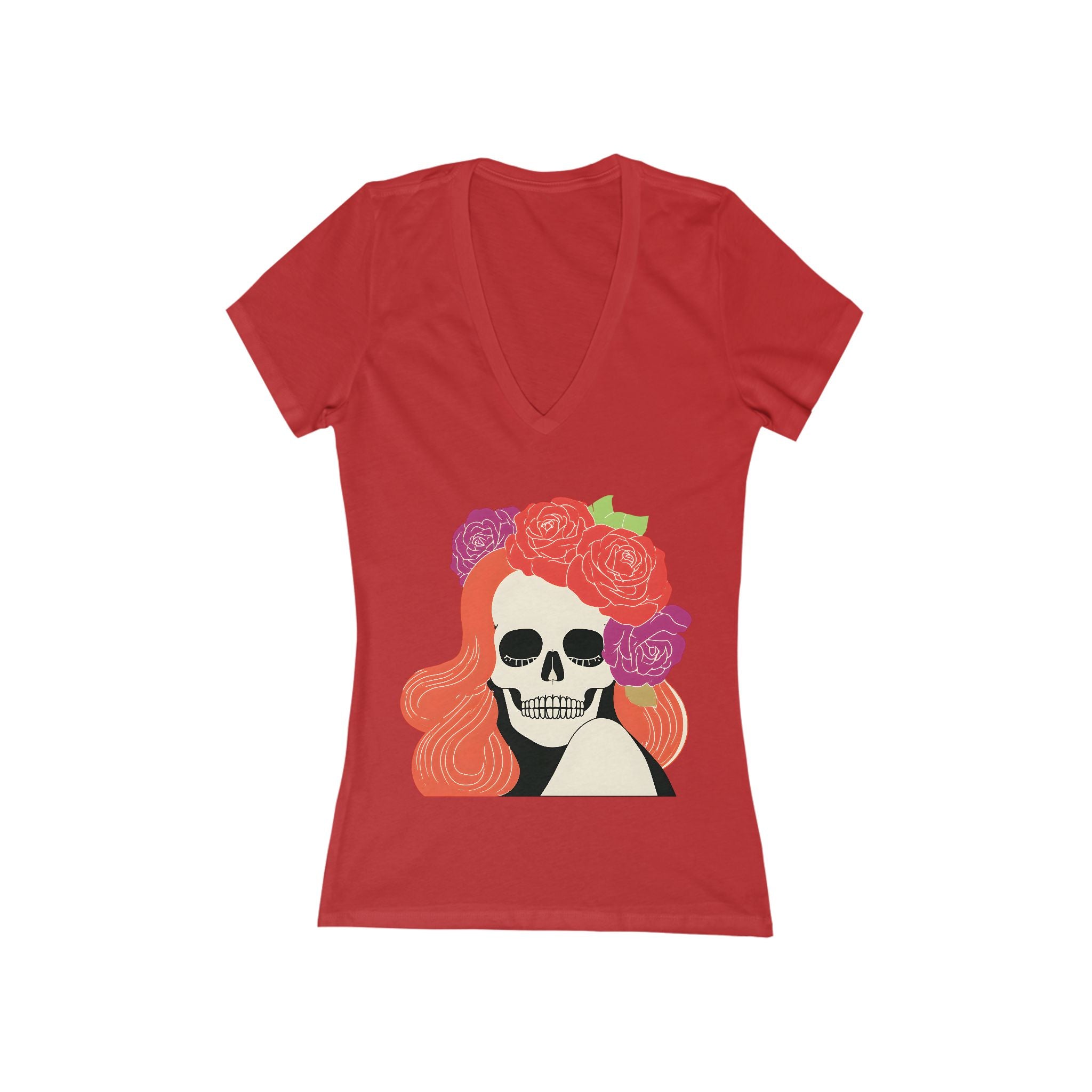Floral Skull Woman V-Neck Tee | Day of the Dead Rose Skull T-Shirt
