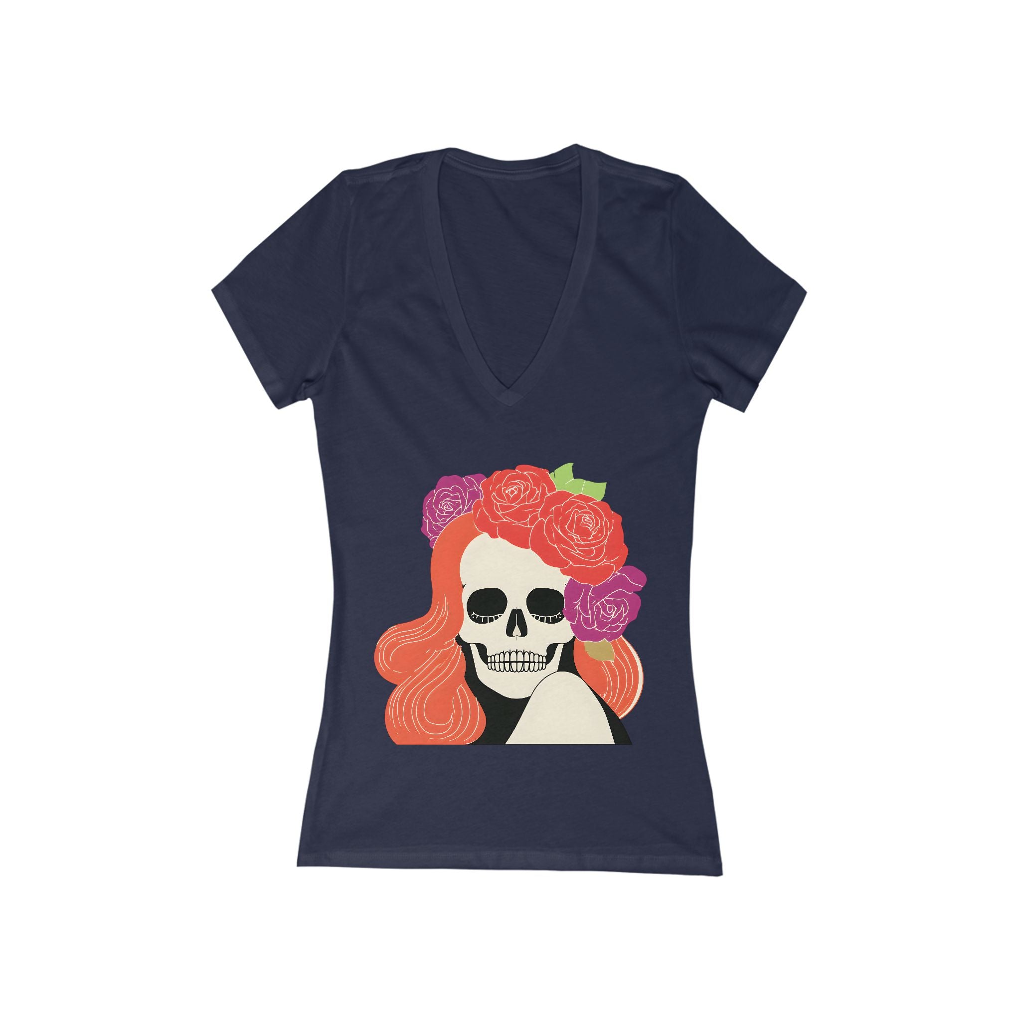Floral Skull Woman V-Neck Tee | Day of the Dead Rose Skull T-Shirt