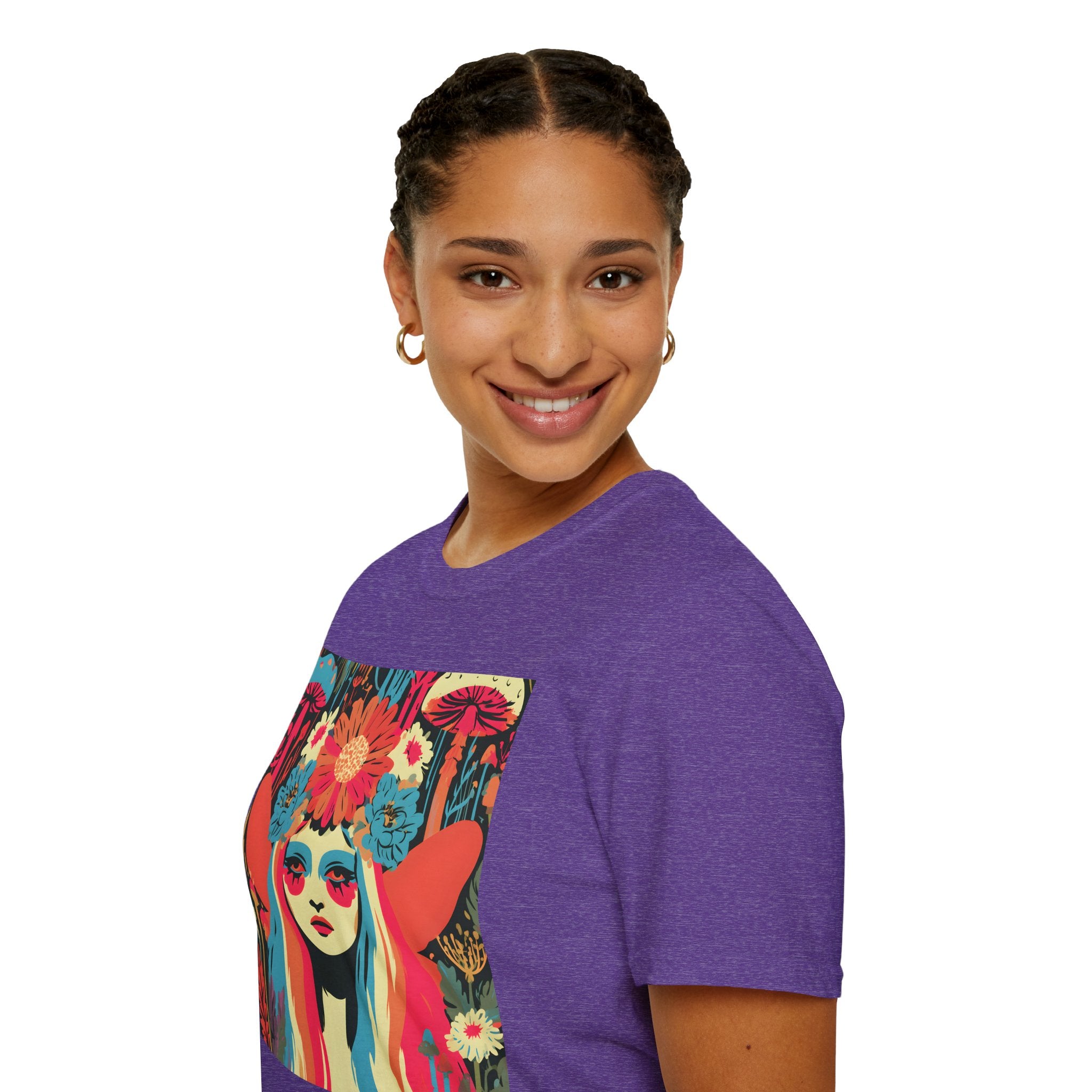 Flower Crown Psychedelic Fairy Girl T-Shirt | Retro Mushroom Art, Boho Portrait