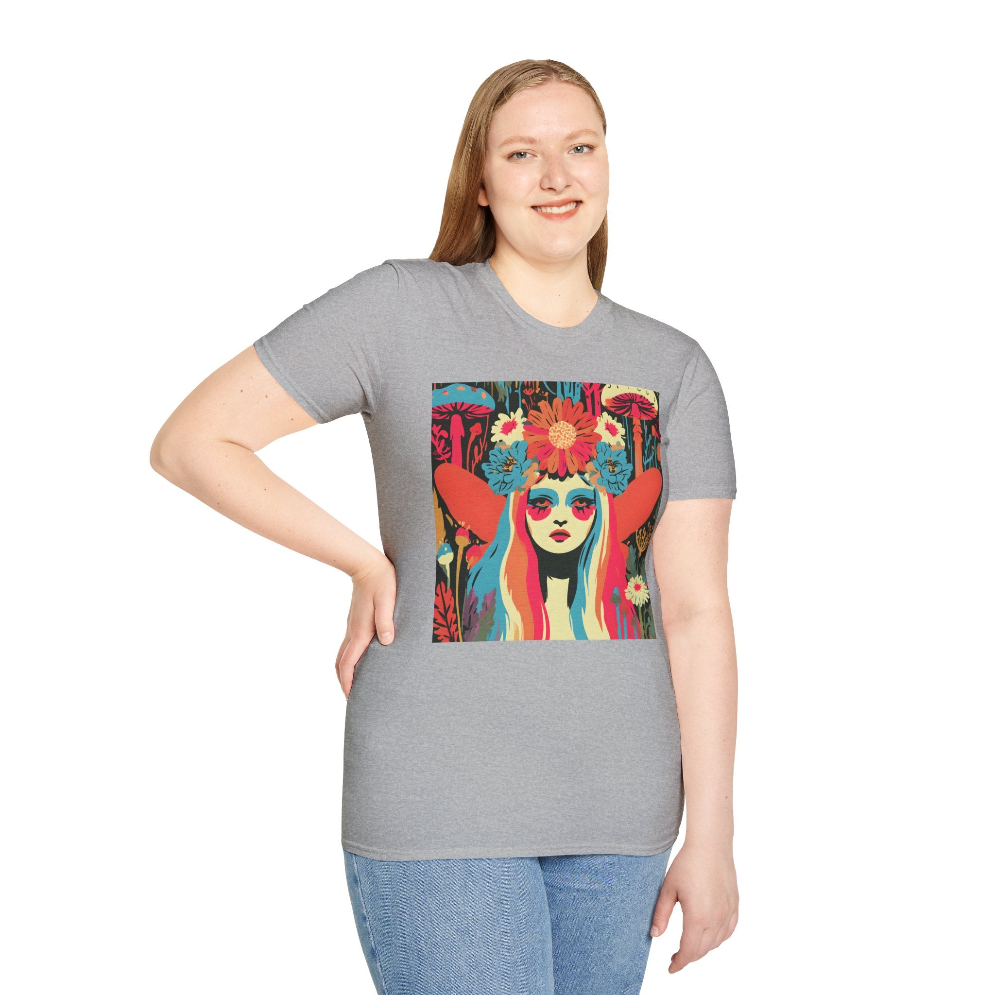 Flower Crown Psychedelic Fairy Girl T-Shirt | Retro Mushroom Art, Boho Portrait
