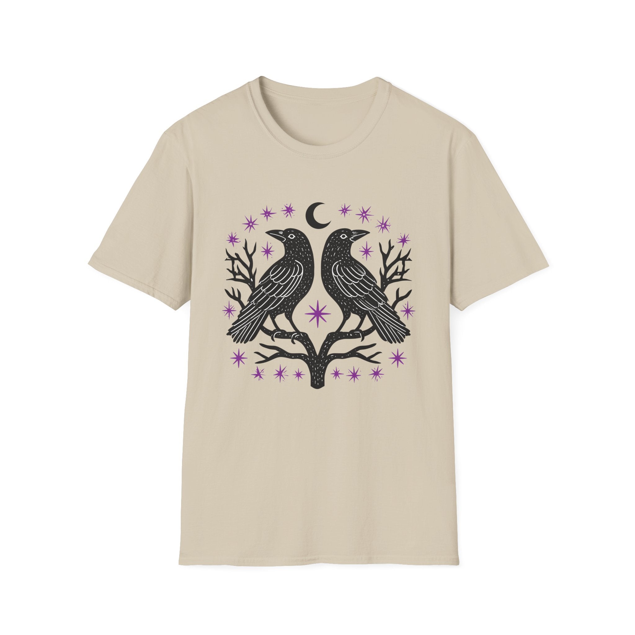 Twin Ravens Moon T-Shirt | Gothic Crescent Crow Illustration