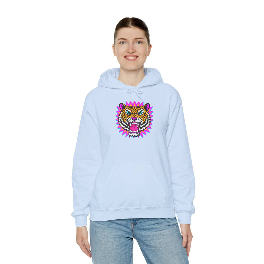 Neon Roaring Tiger Hoodie — Retro Vibrant Tiger Head Graphic