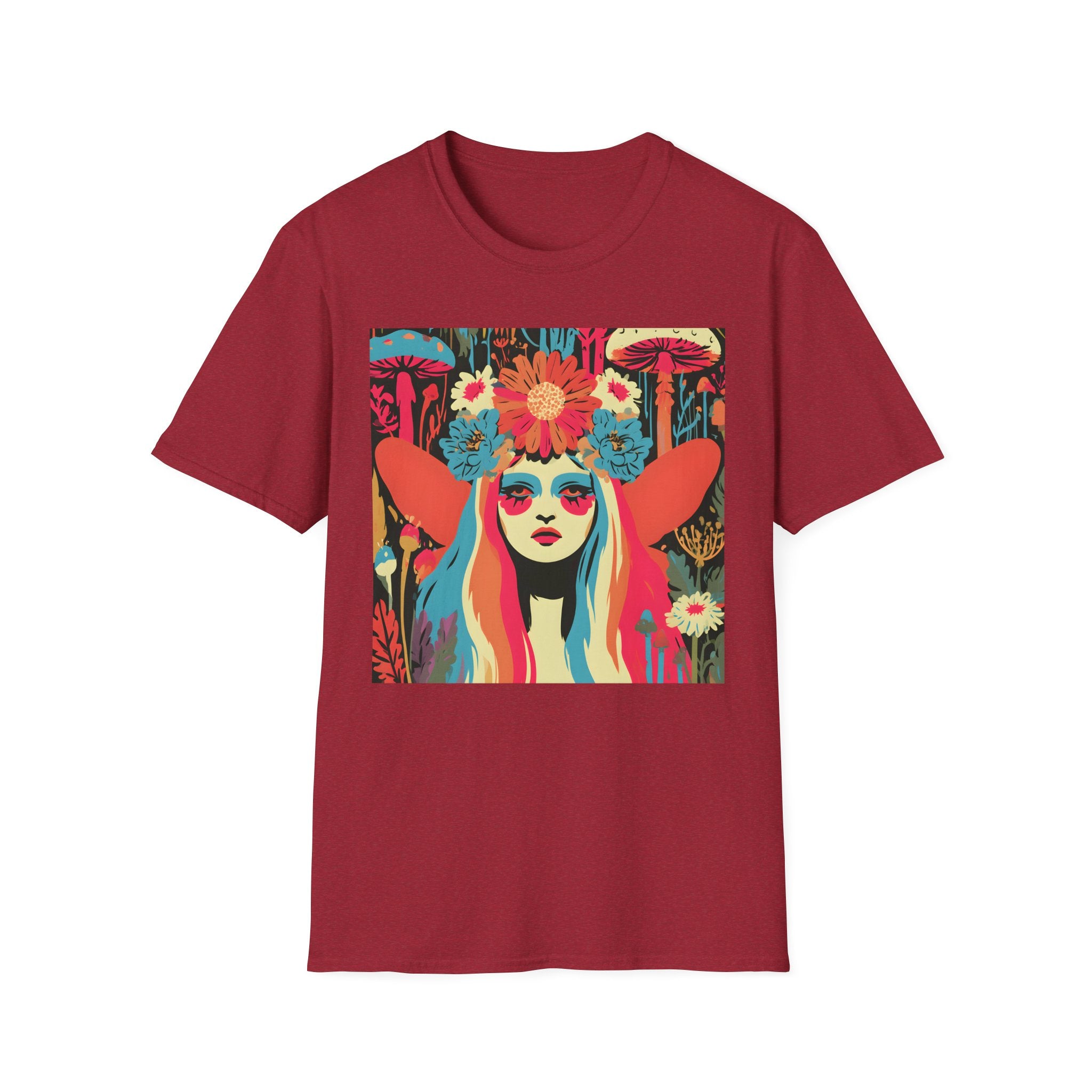 Flower Crown Psychedelic Fairy Girl T-Shirt | Retro Mushroom Art, Boho Portrait