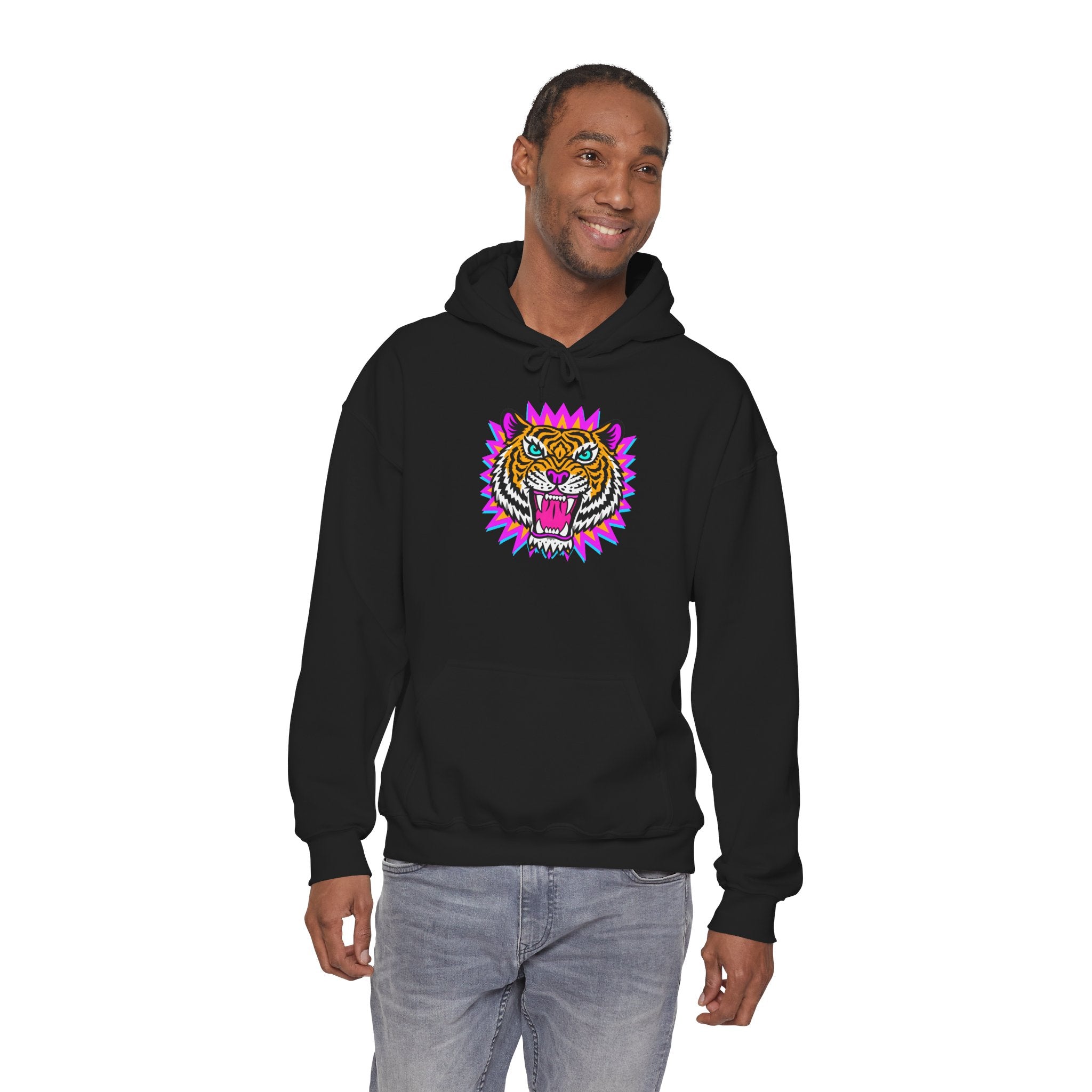 Neon Roaring Tiger Hoodie — Retro Vibrant Tiger Head Graphic