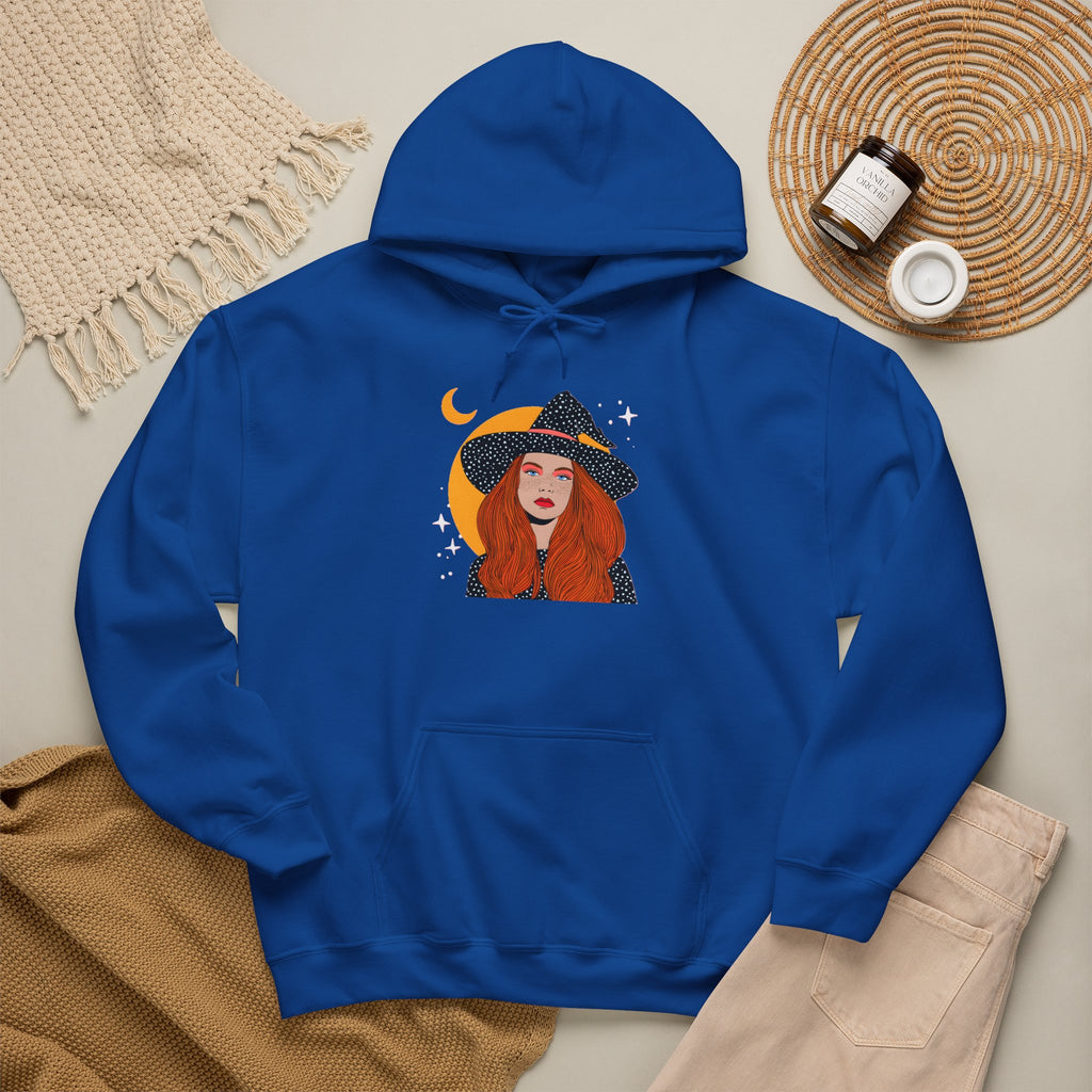 Witchy Redhead Hoodie — Crescent Moon Witch Graphic Sweatshirt