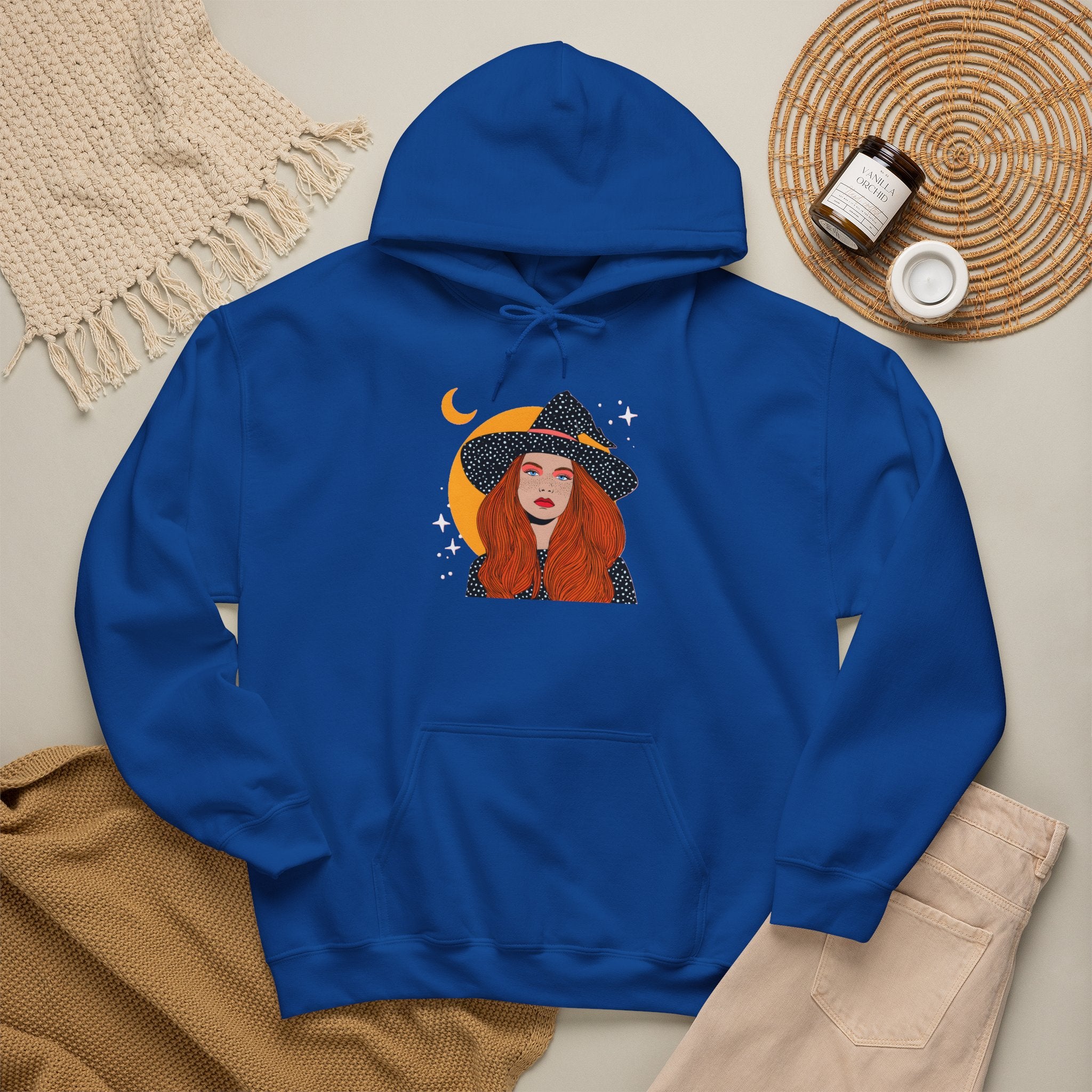 Witchy Redhead Hoodie — Crescent Moon Witch Graphic Sweatshirt