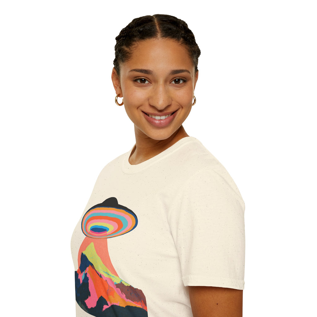 Psychedelic UFO Mountain T-Shirt — Retro Rainbow Alien Abduction Tee Printify