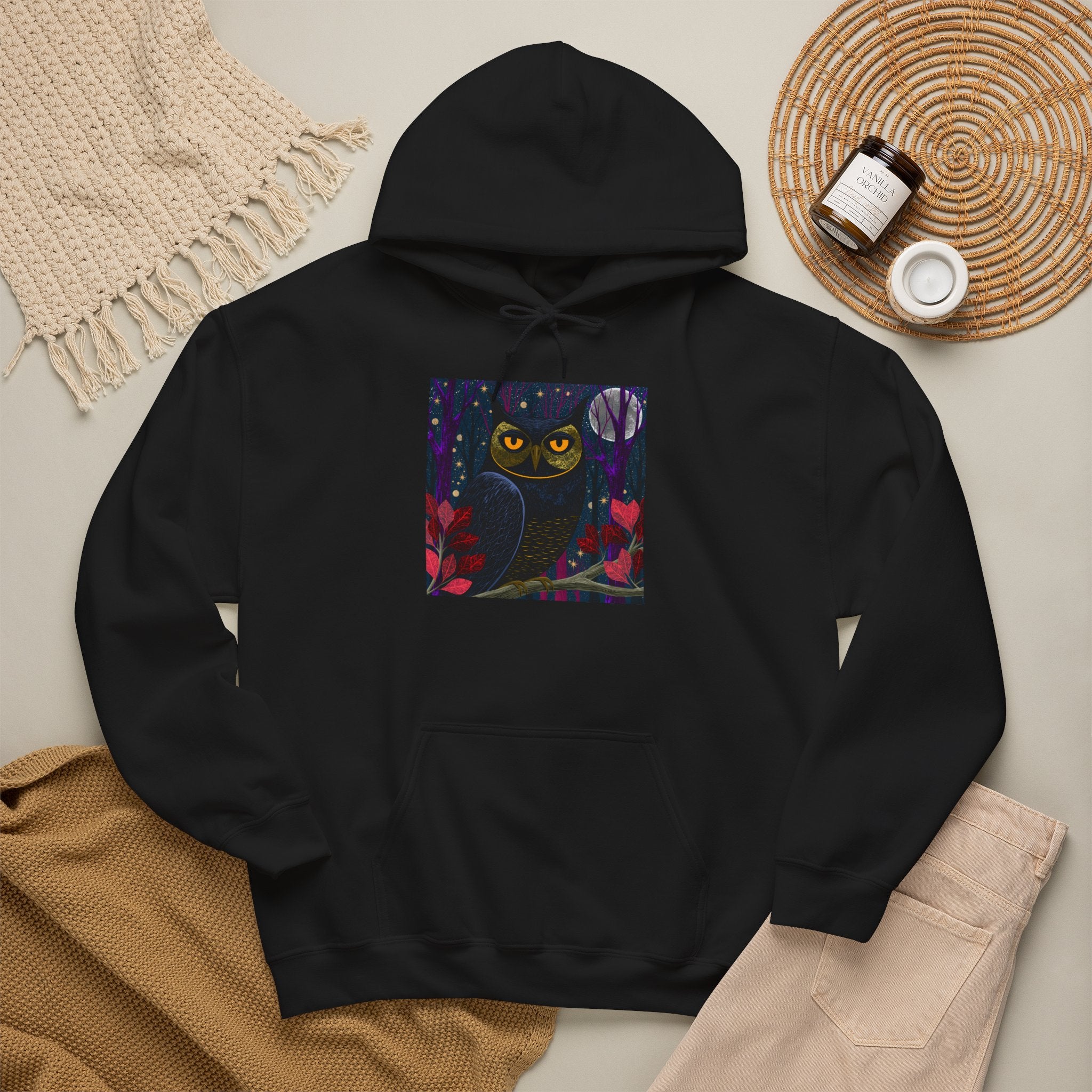 Night Owl Graphic Hoodie — Whimsical Moonlit Owl Sweatshirt