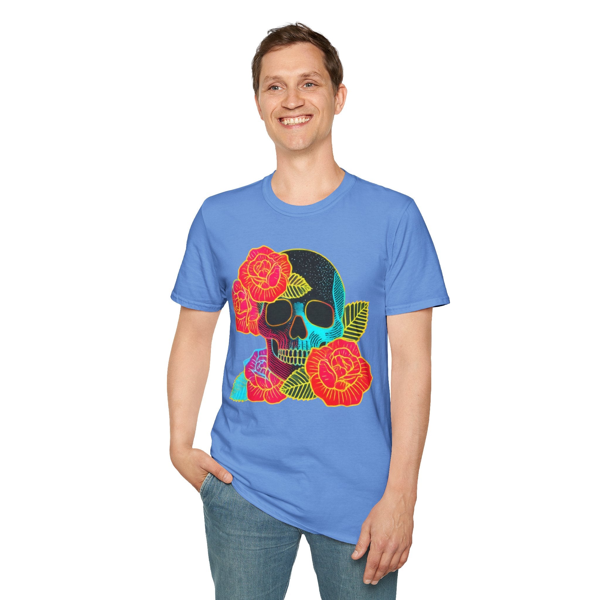 Neon Skull with Roses T-Shirt | Floral Skull Tee