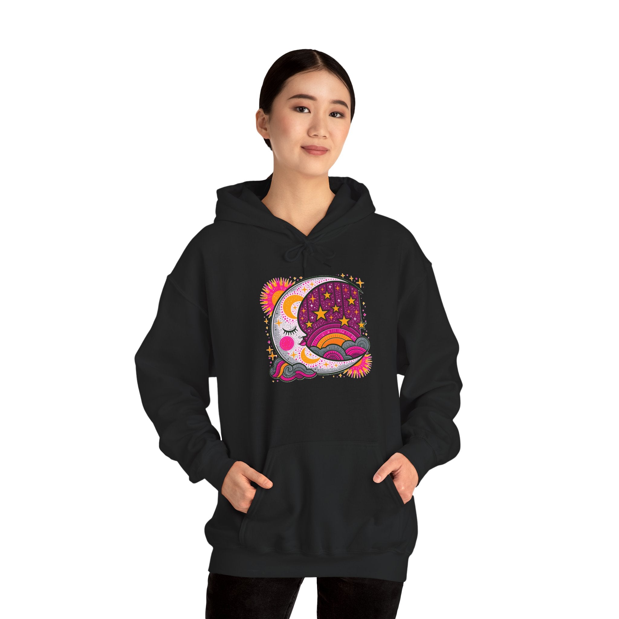 Celestial Dream Moon Hoodie – Vintage Psychedelic Stars & Clouds Sweatshirt
