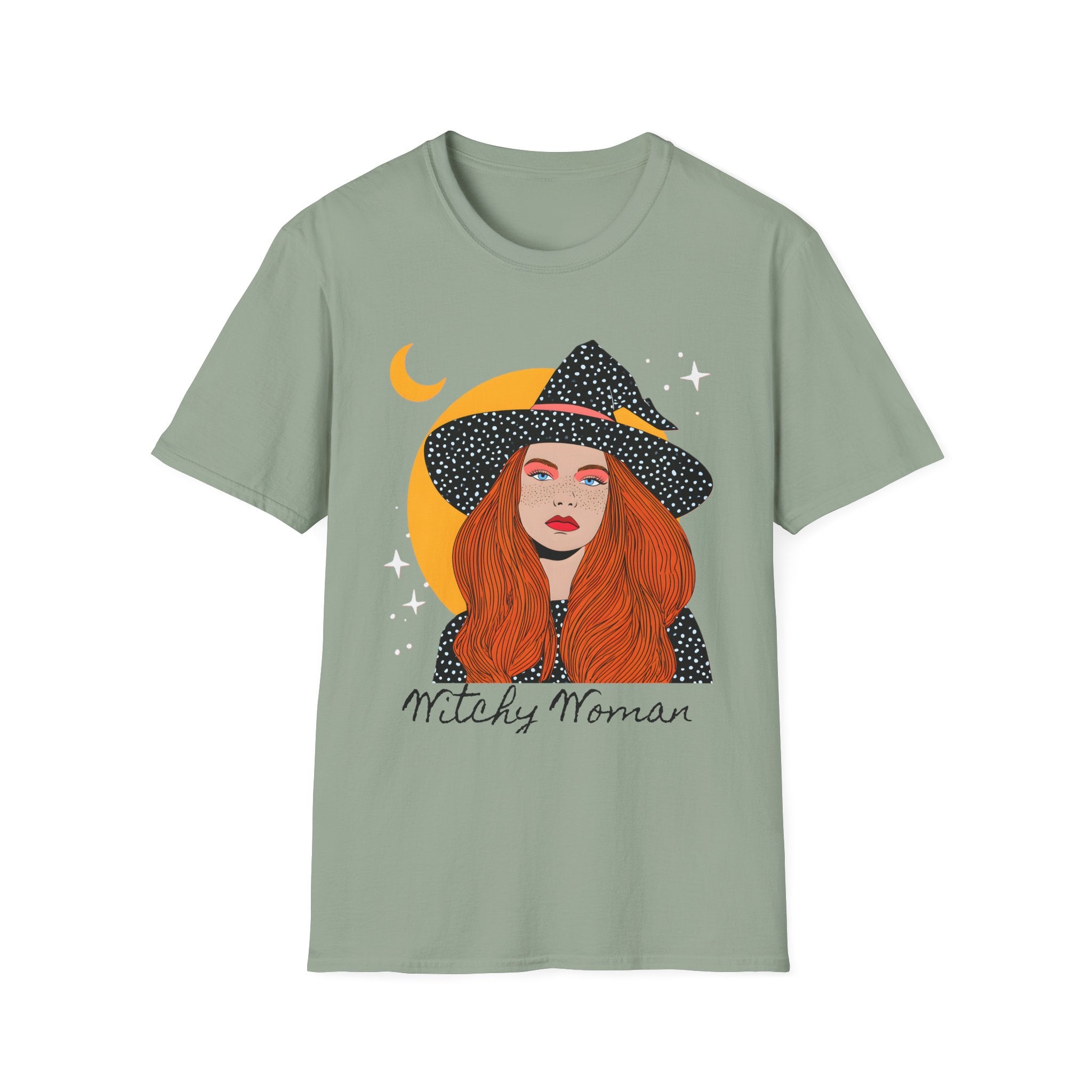 Redheaded Witch Illustration T-Shirt | Crescent Moon, Starry Hat, 'Witchy Woman'