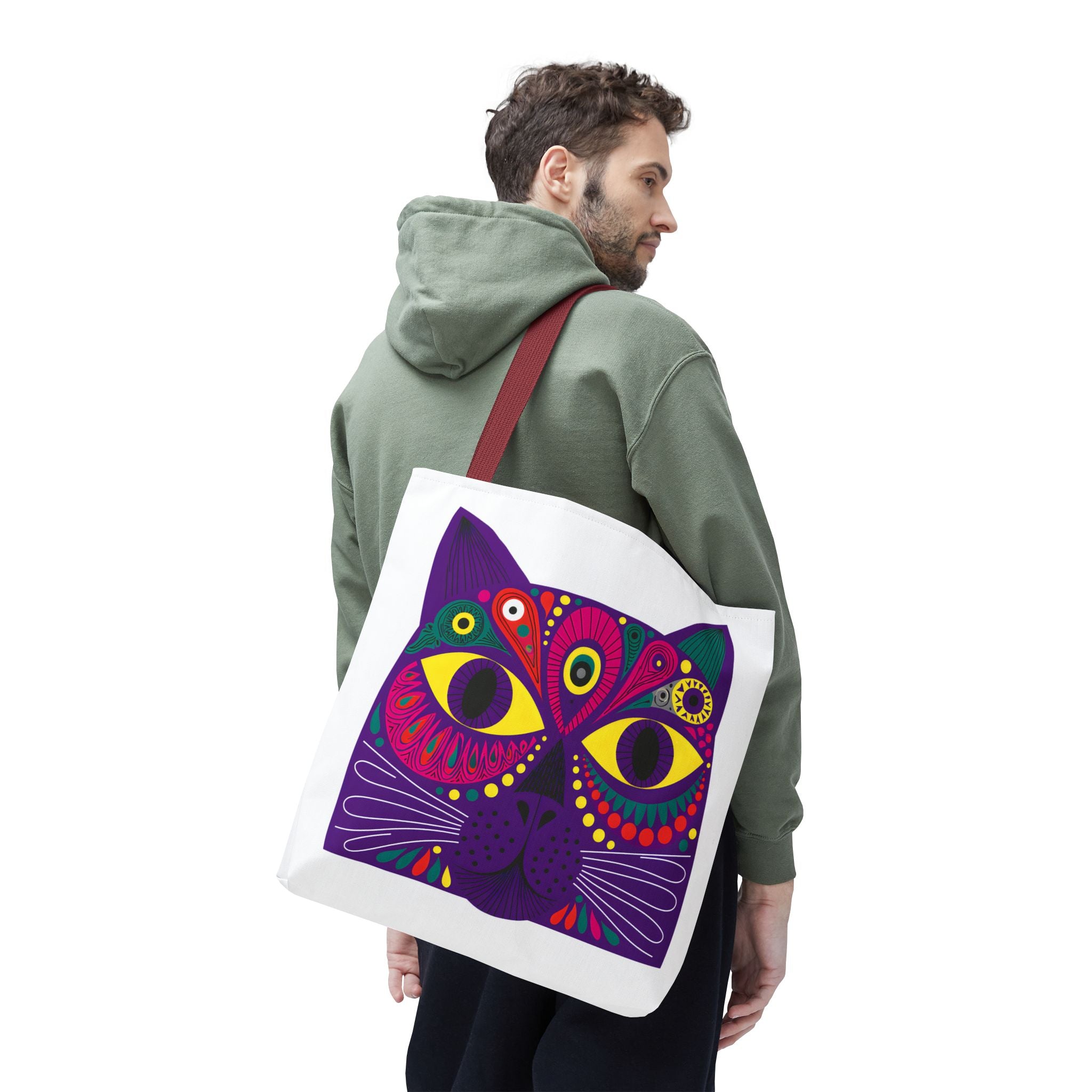 Psychedelic Purple Cat Tote Bag | Colorful Boho Animal Face