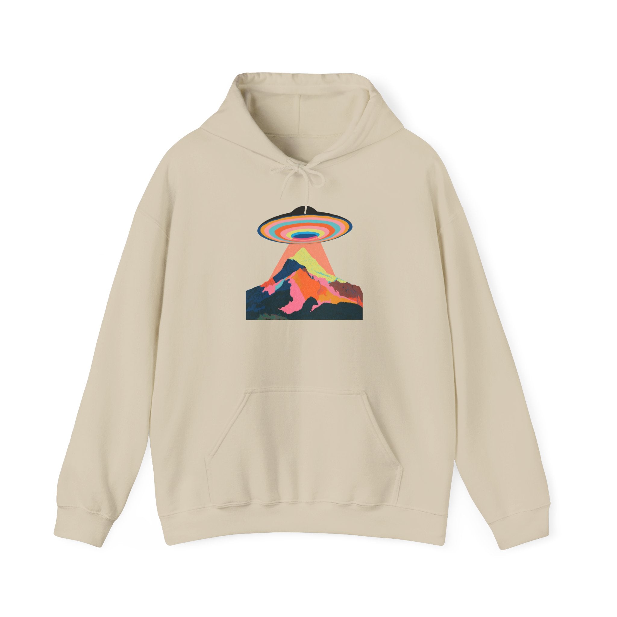 UFO Mountain Hoodie — Retro Rainbow Alien Abduction Graphic