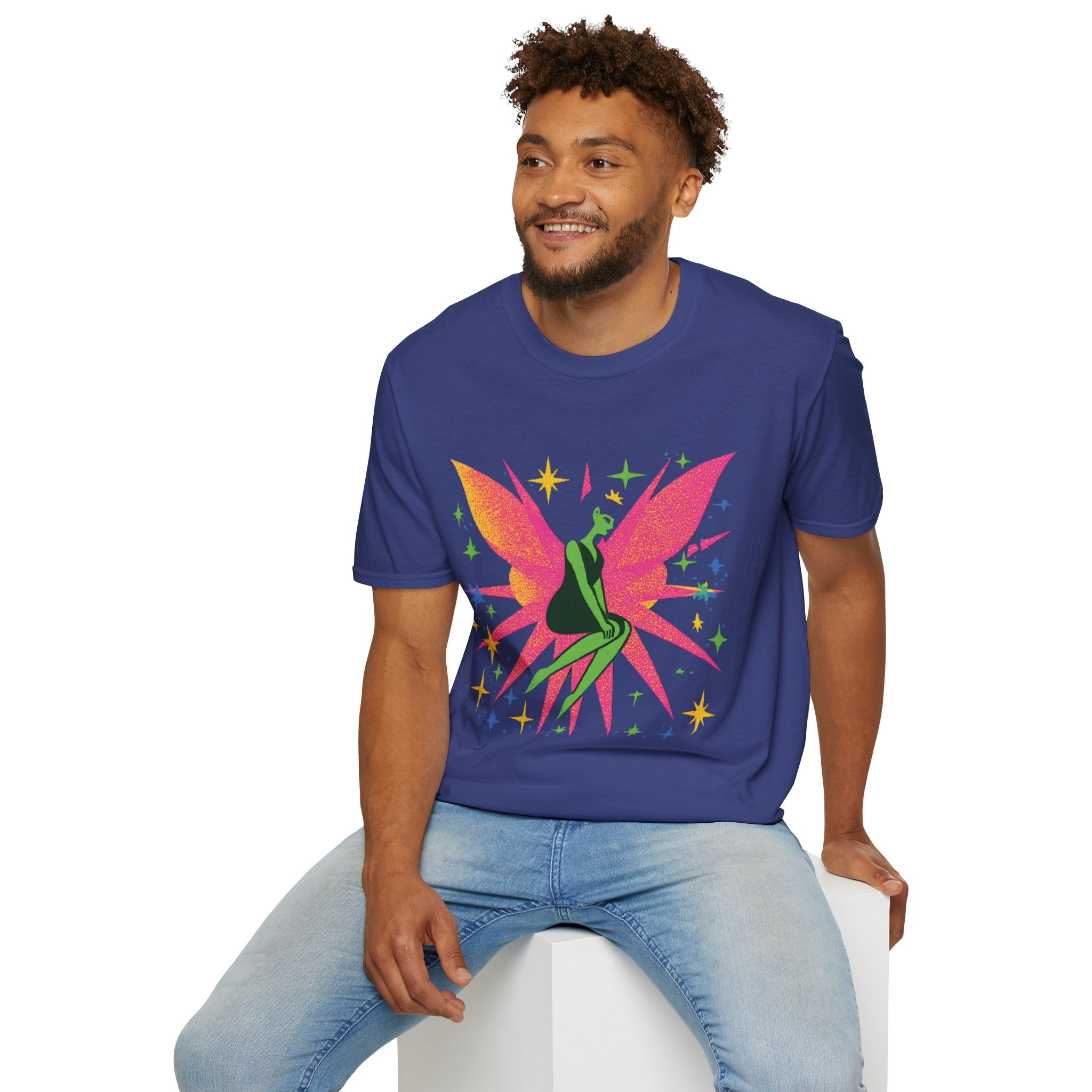 Neon Fairy Silhouette T-Shirt | Pink Wings, Green Figure, Sparkle Stars