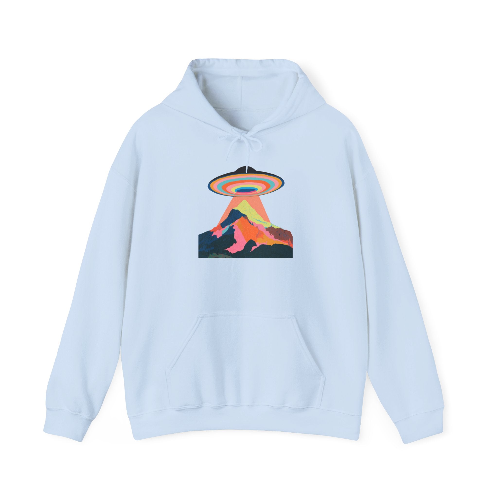 UFO Mountain Hoodie — Retro Rainbow Alien Abduction Graphic