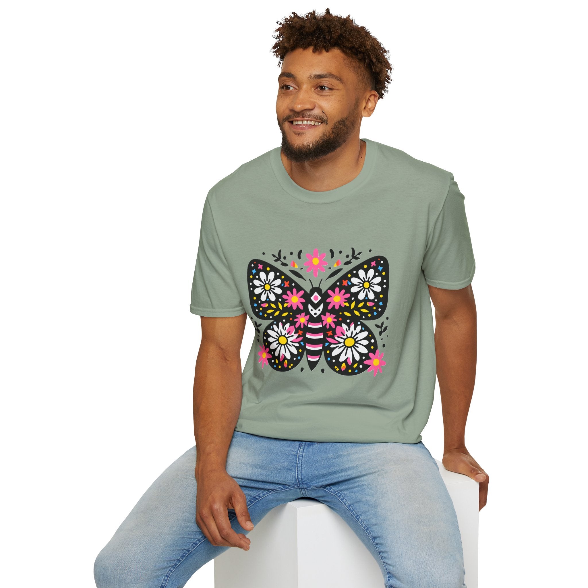 Floral Folk Art Butterfly T-Shirt | Daisy & Pink Flower Design