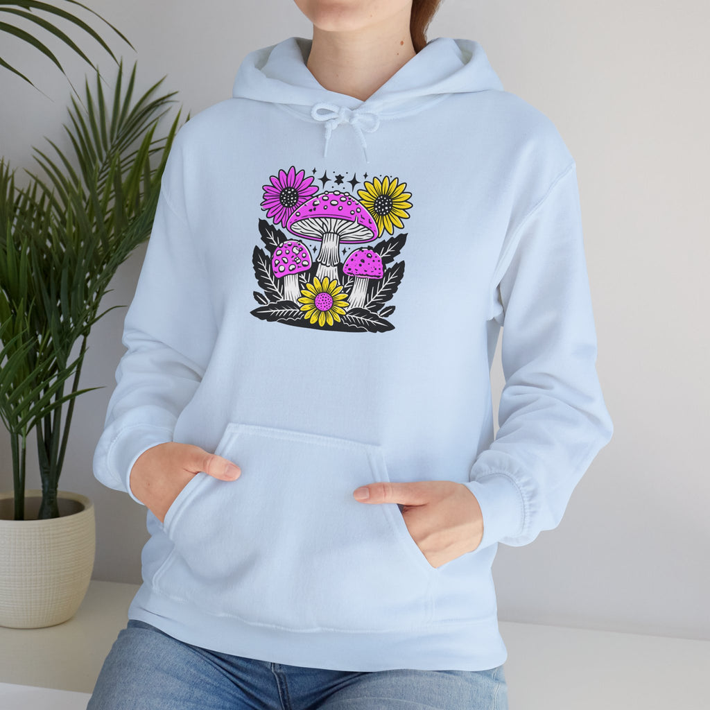 Psychedelic Mushroom Hoodie — Pink & Yellow Floral Shroom Design