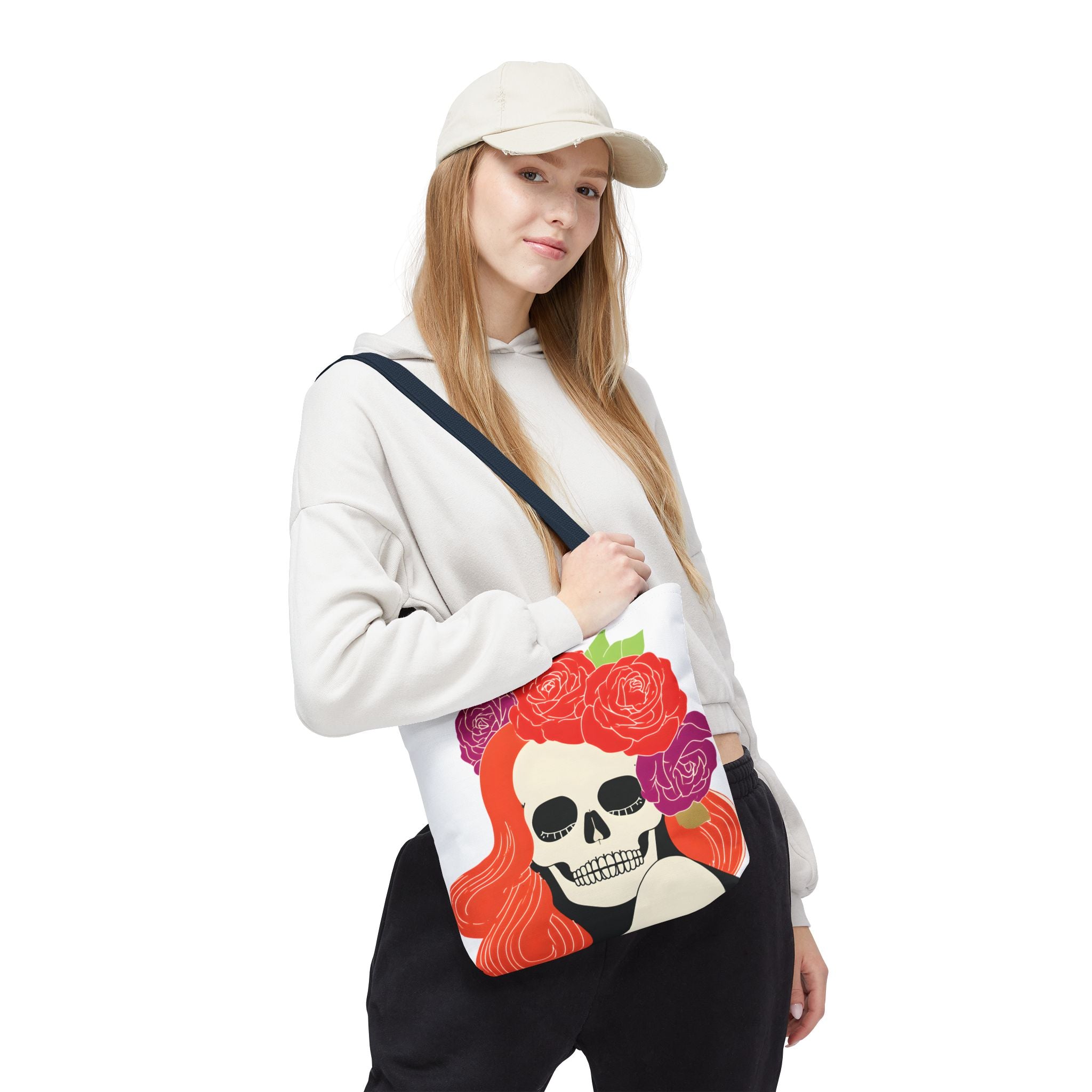 Floral Skull with Red Hair Tote Bag | Day of the Dead Illustration