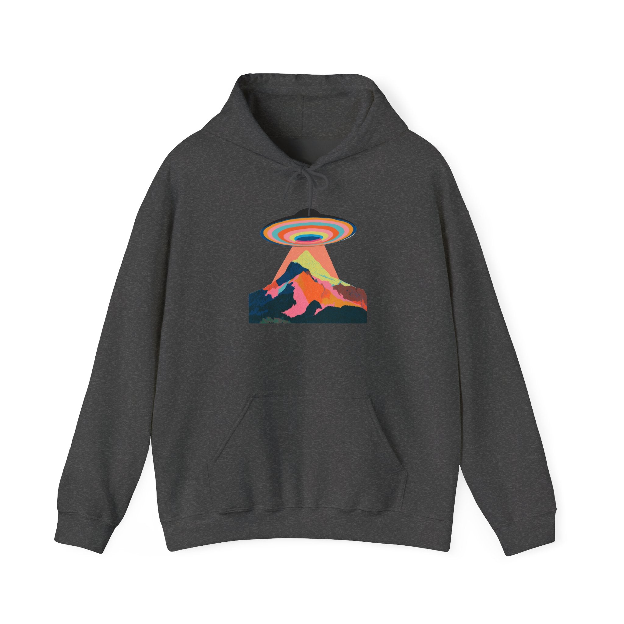 UFO Mountain Hoodie — Retro Rainbow Alien Abduction Graphic