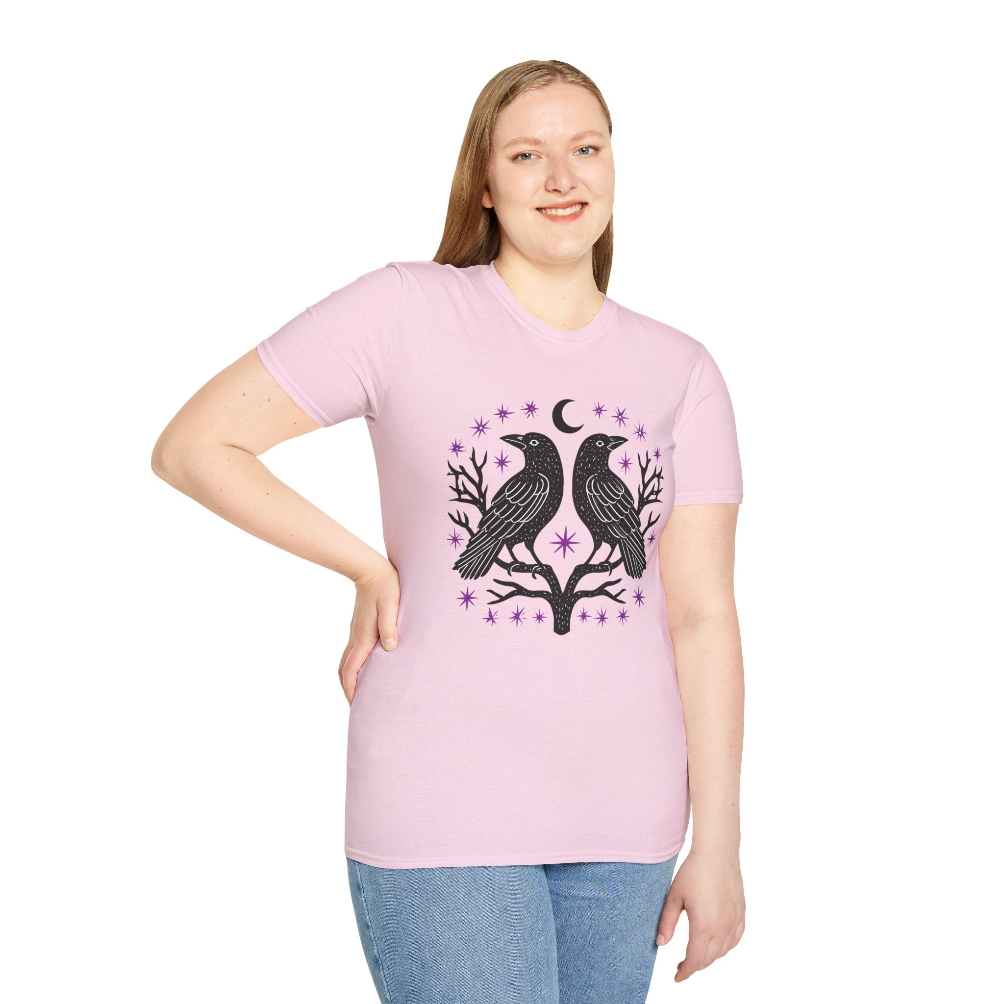 Twin Ravens Moon T-Shirt | Gothic Crescent Crow Illustration