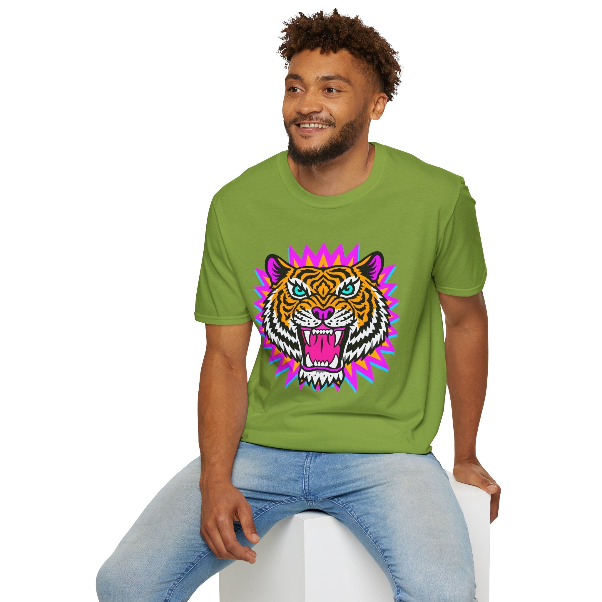 Neon Pop Tiger Head T-Shirt | Retro Tribal Cat Tee