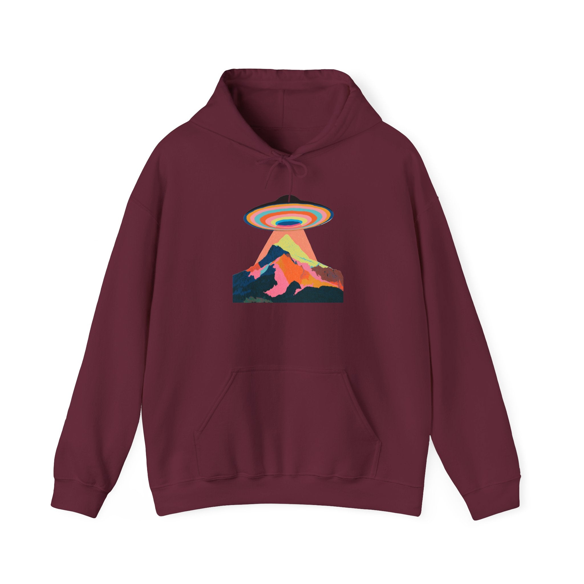 UFO Mountain Hoodie — Retro Rainbow Alien Abduction Graphic