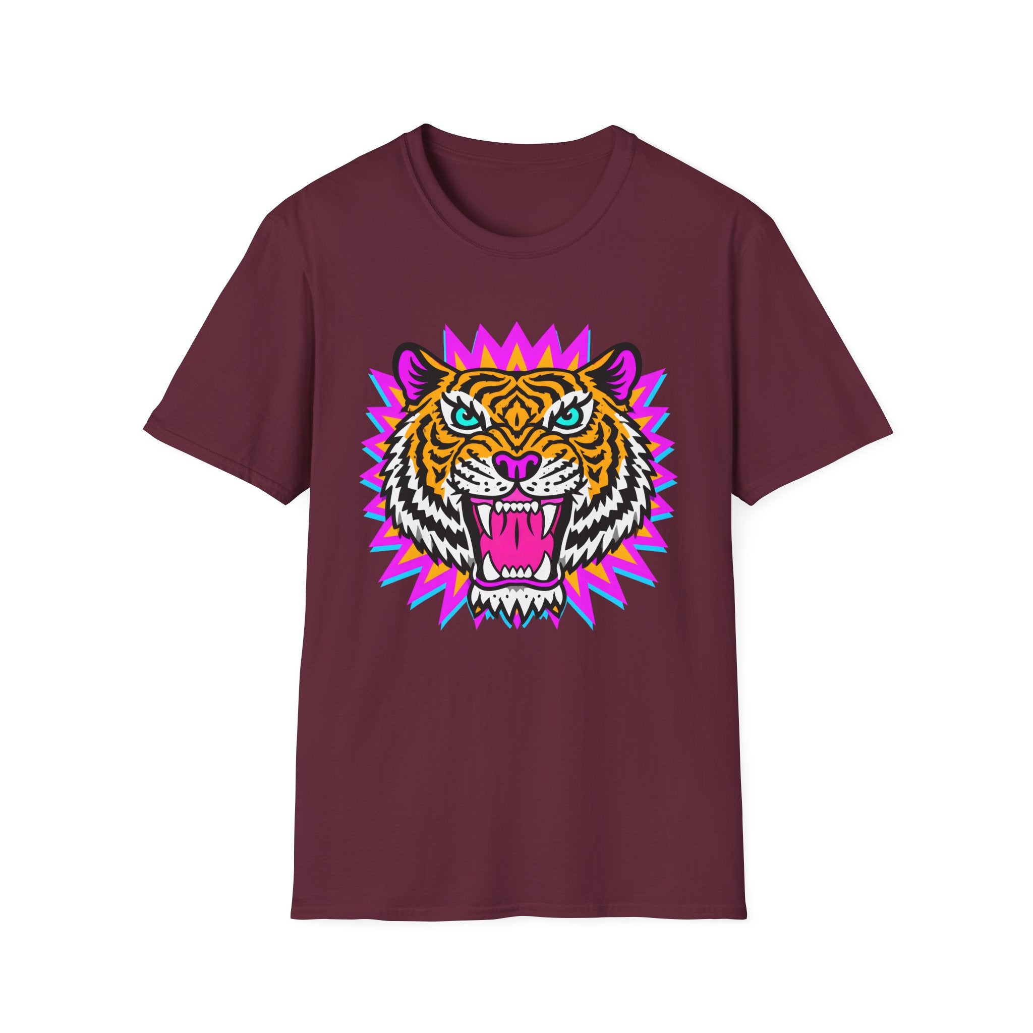 Neon Pop Tiger Head T-Shirt | Retro Tribal Cat Tee