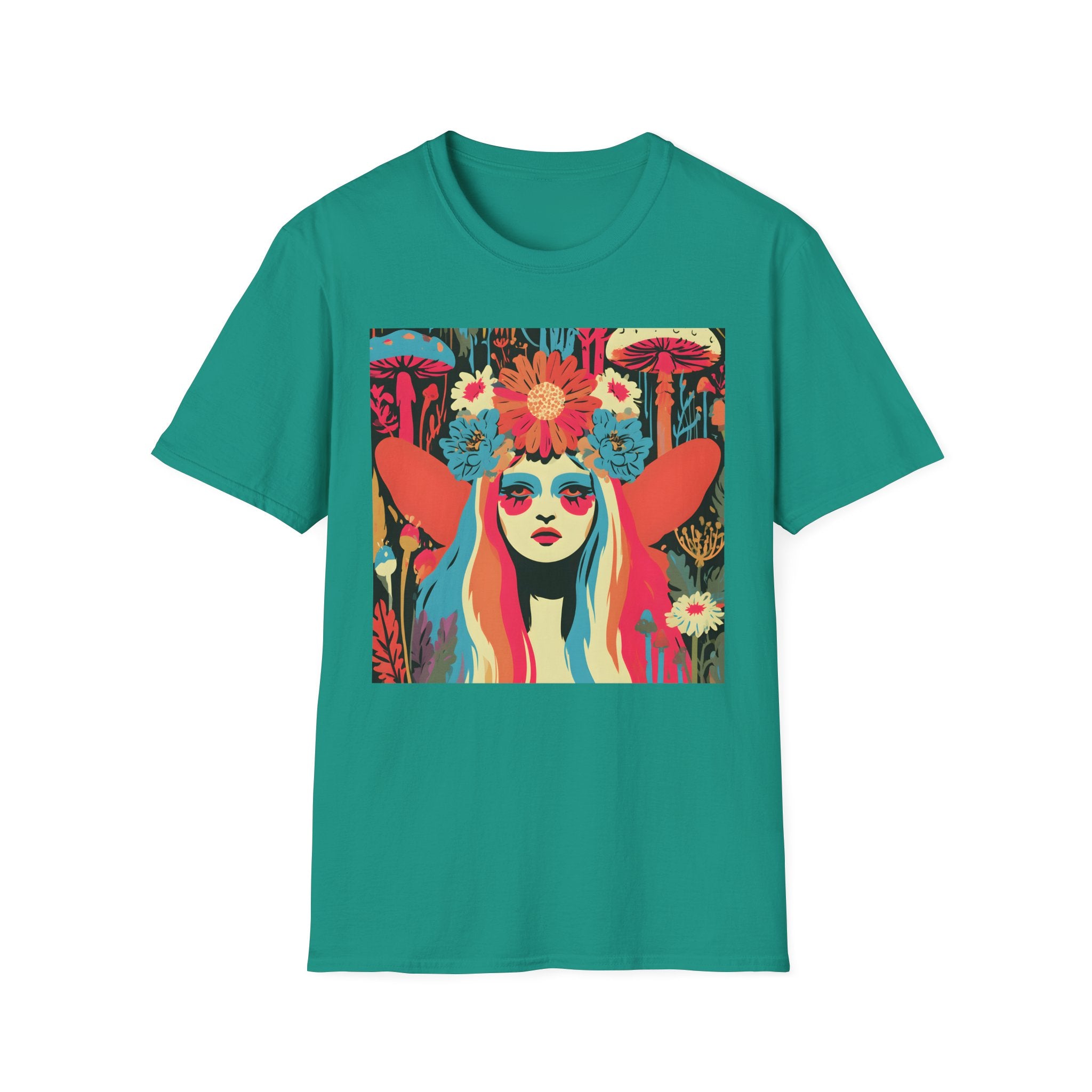 Flower Crown Psychedelic Fairy Girl T-Shirt | Retro Mushroom Art, Boho Portrait