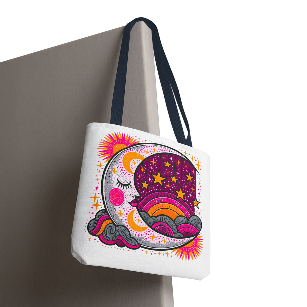 Psychedelic Moon and Stars Tote Bag | Colorful Retro Celestial Design