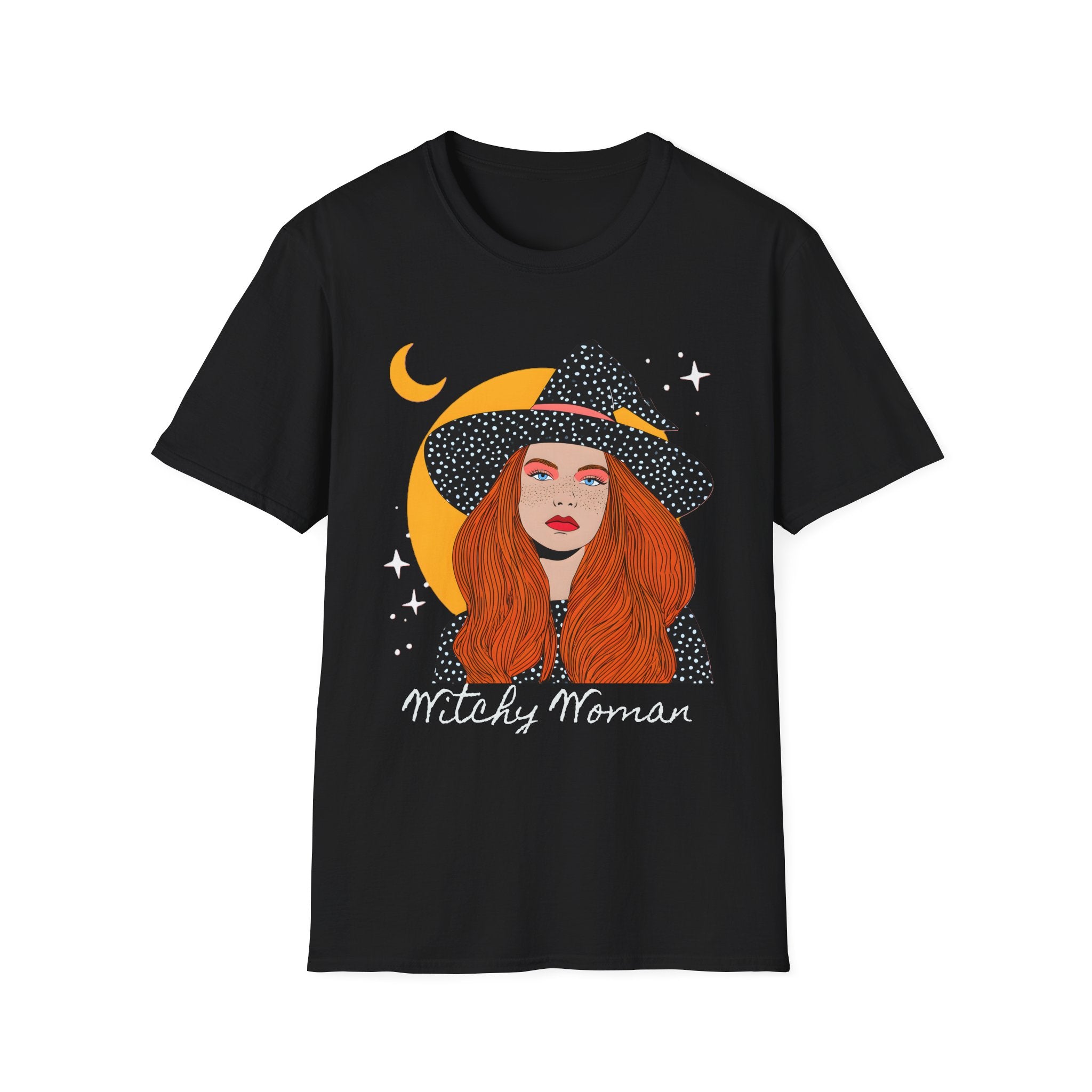 Redheaded Witch Illustration T-Shirt | Crescent Moon, Starry Hat, 'Witchy Woman'