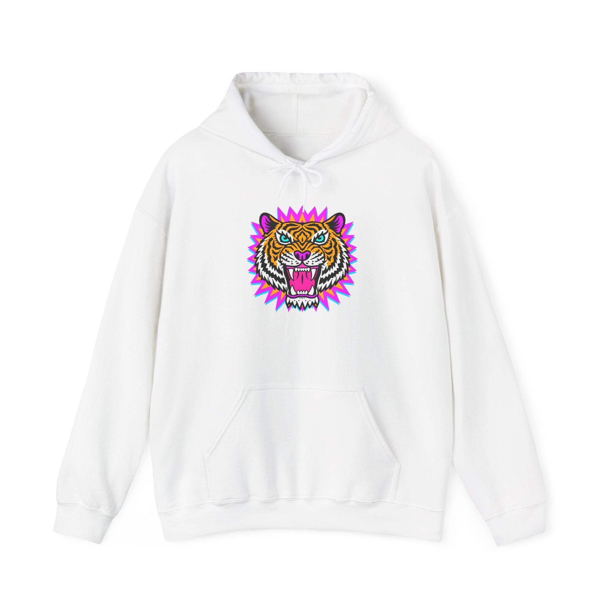Neon Roaring Tiger Hoodie — Retro Vibrant Tiger Head Graphic