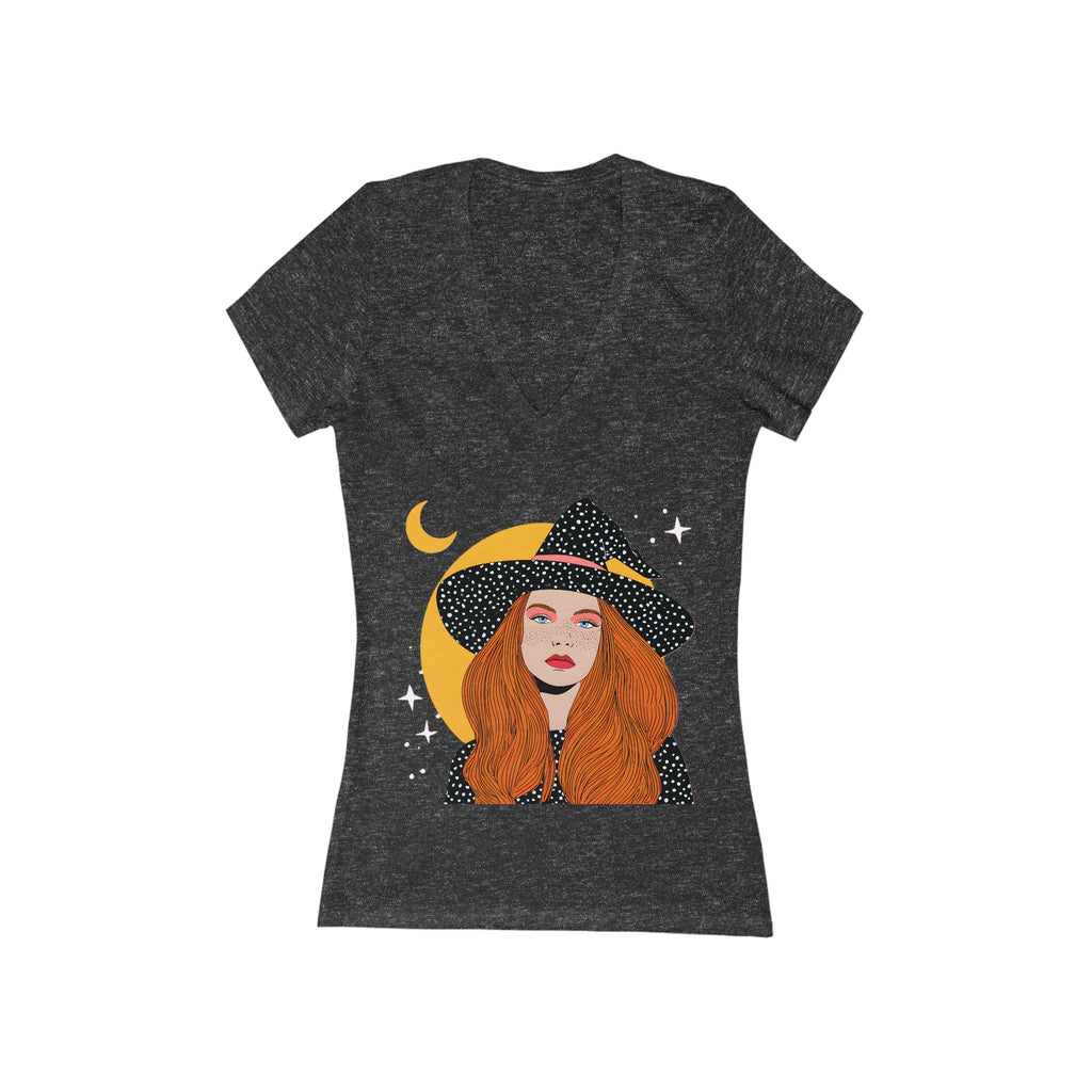 Redhead Witch Illustration Tee | Crescent Moon, Stars V-Neck Shirt