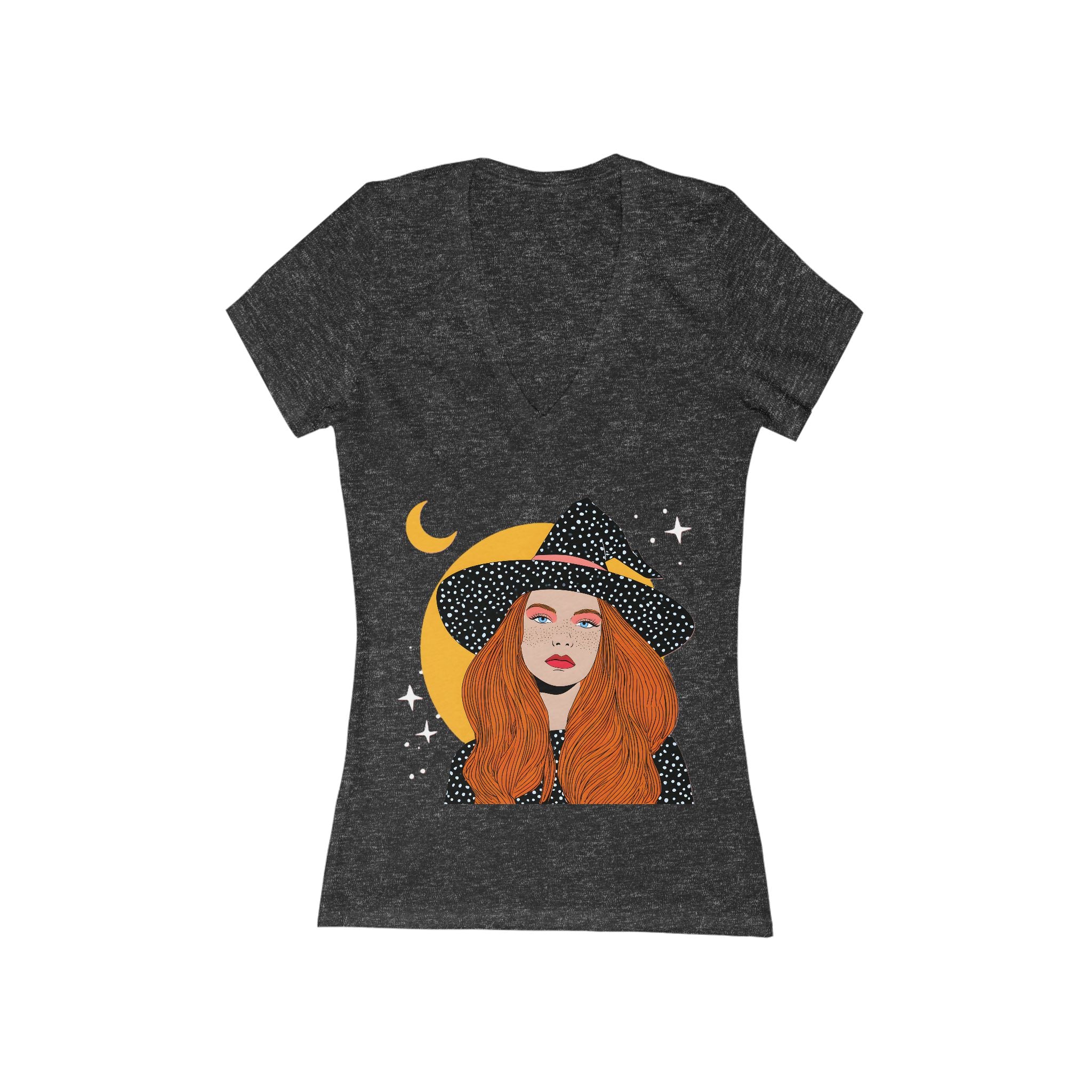 Redhead Witch Illustration Tee | Crescent Moon, Stars V-Neck Shirt